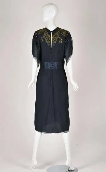 1970s Zandra Rhodes Handed Beaded & Hand Painted Navy Silk Chiffon Dress