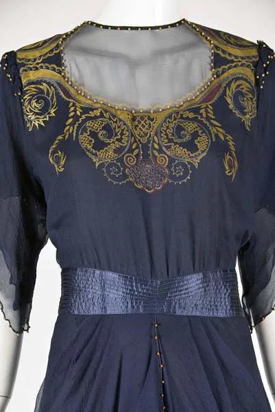 1970s Zandra Rhodes Handed Beaded & Hand Painted Navy Silk Chiffon Dress