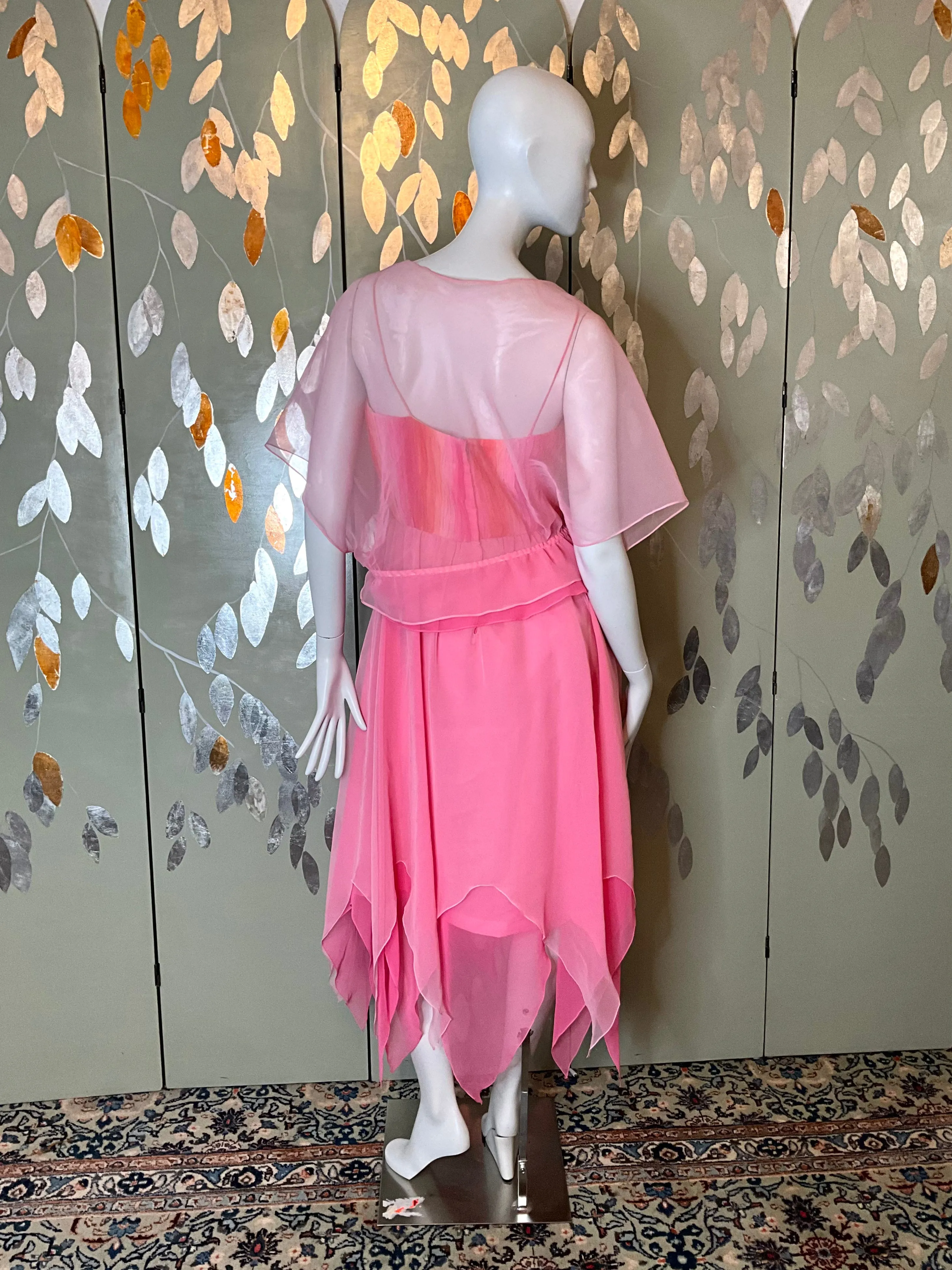 2000s Gradient Pink Handkerchief Hem Party Dress and Sheer Bolero, S-M