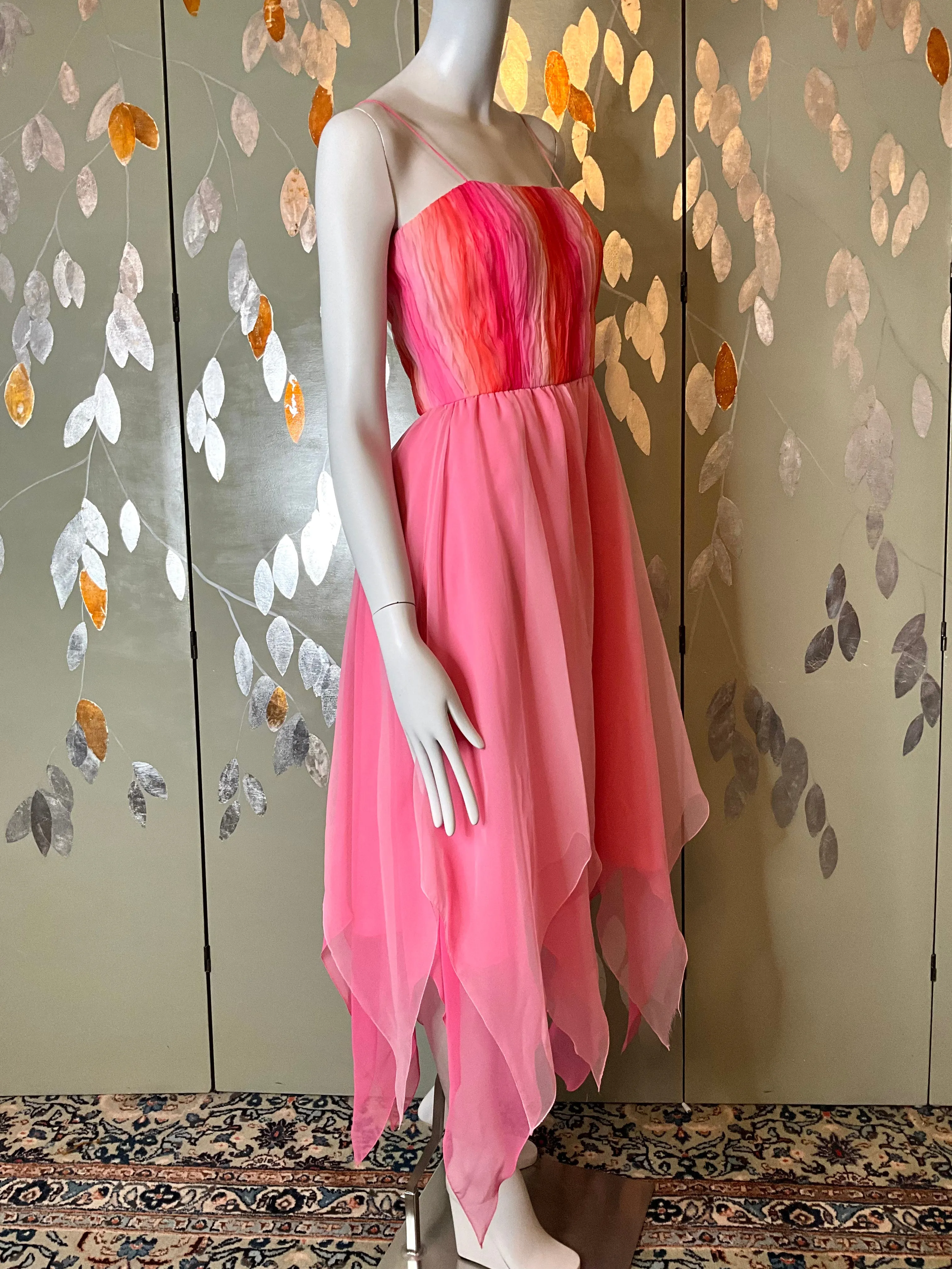 2000s Gradient Pink Handkerchief Hem Party Dress and Sheer Bolero, S-M