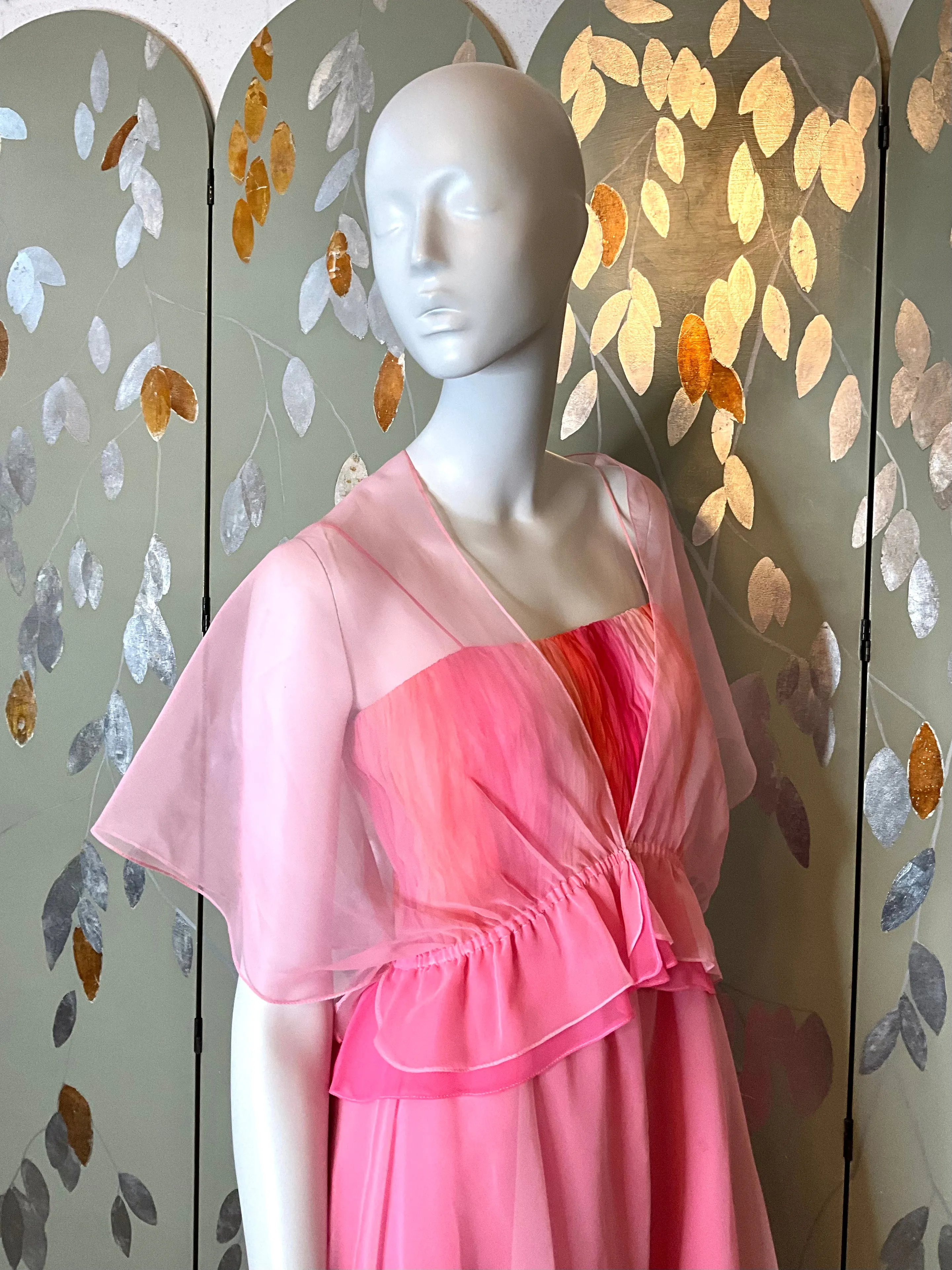2000s Gradient Pink Handkerchief Hem Party Dress and Sheer Bolero, S-M