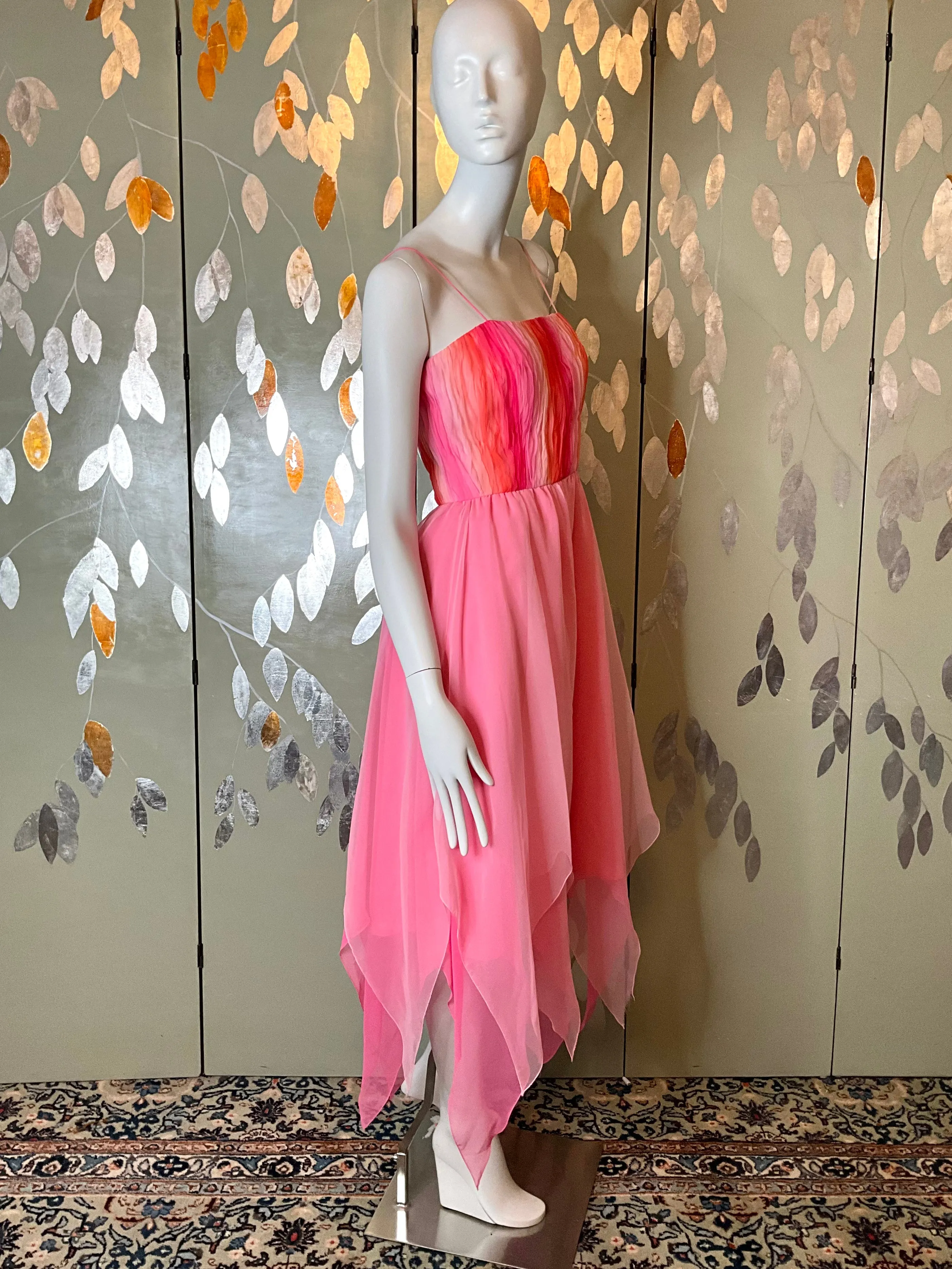 2000s Gradient Pink Handkerchief Hem Party Dress and Sheer Bolero, S-M