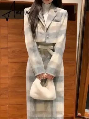 Aiertu Sets for Women 2 Pieces Autumn Grey Plaid Woolen Lapel Collar Long Sleeve Half Skirt Set Elegant Sweet Temperament Casual Suit
