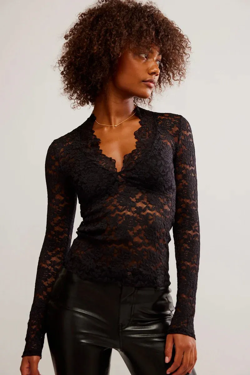 All Day Lace Long Sleeve Black Top