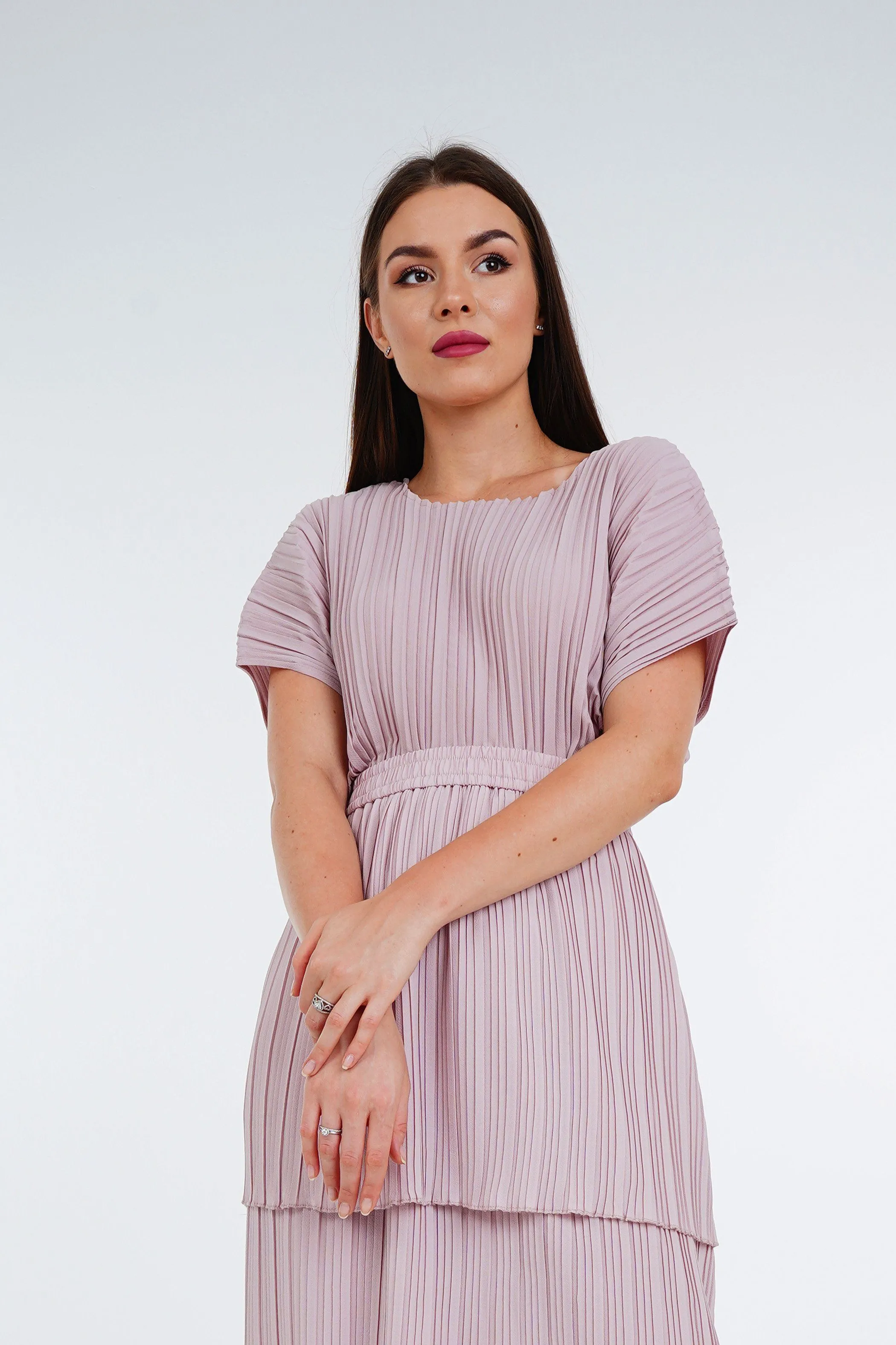 Andrea Short Sleeve Pleated Top(Matte Fabric)
