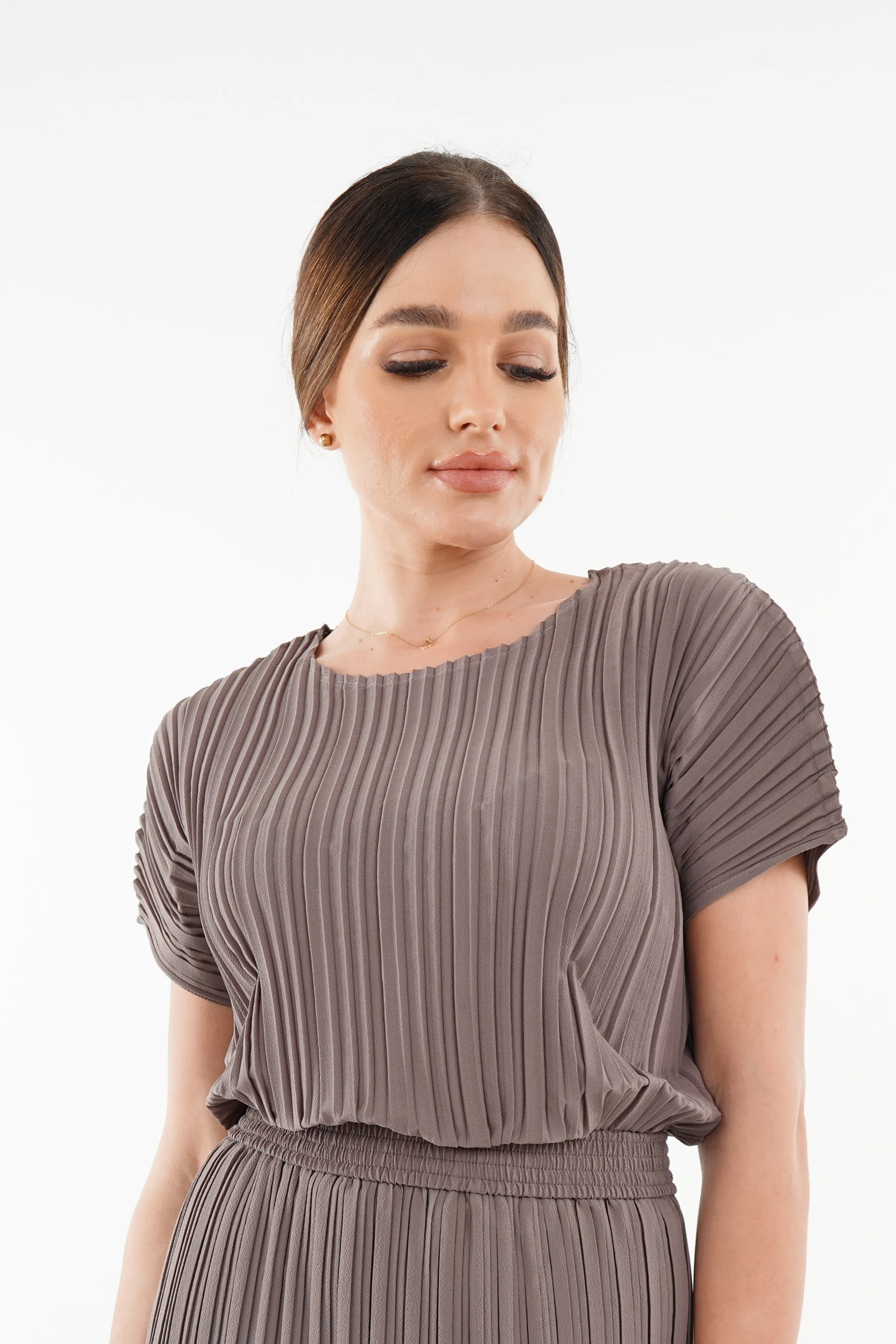 Andrea Short Sleeve Pleated Top(Matte Fabric)