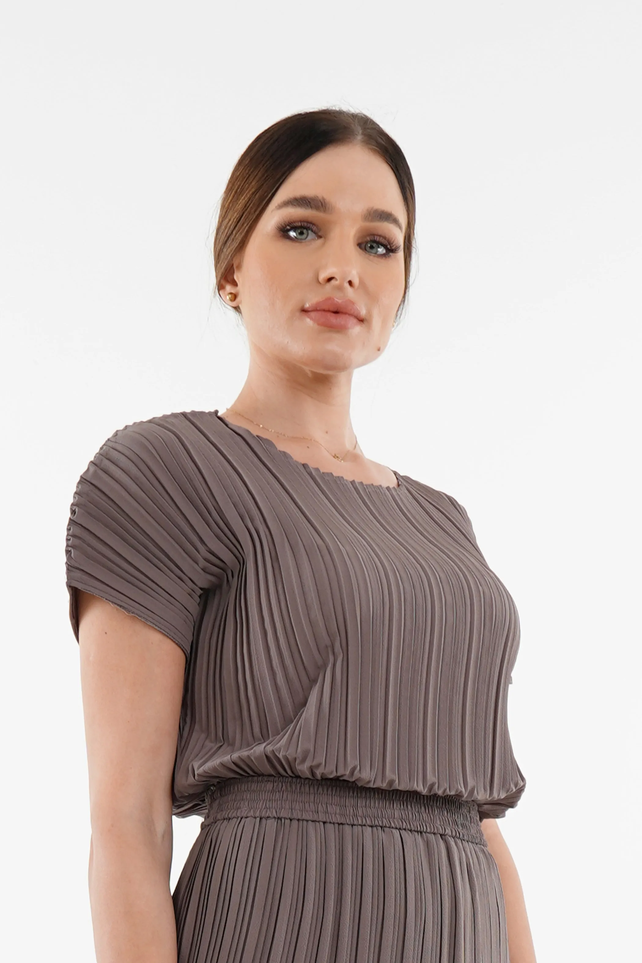 Andrea Short Sleeve Pleated Top(Matte Fabric)