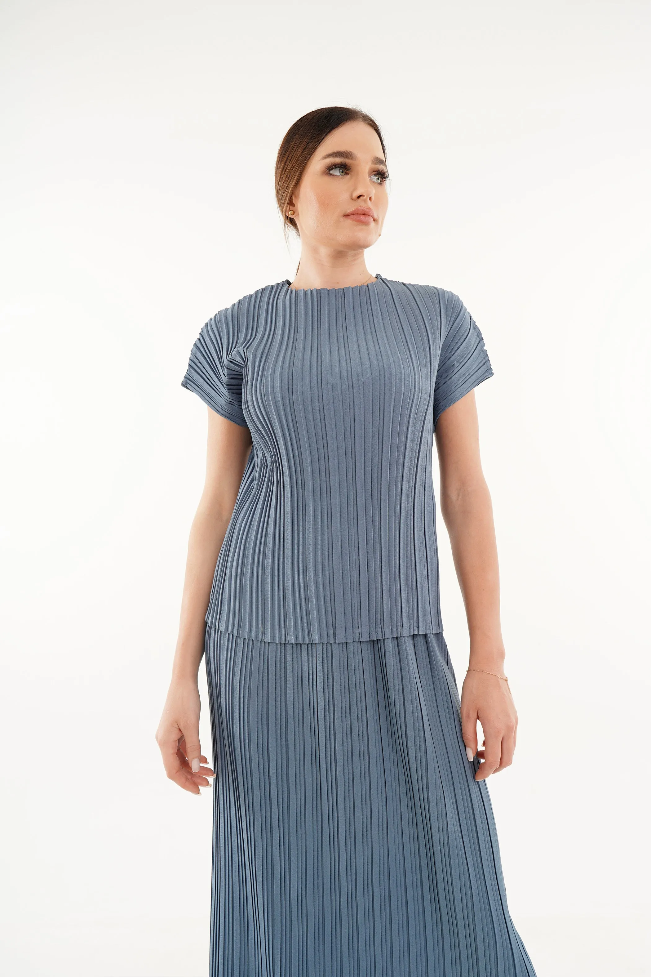 Andrea Short Sleeve Pleated Top(Matte Fabric)