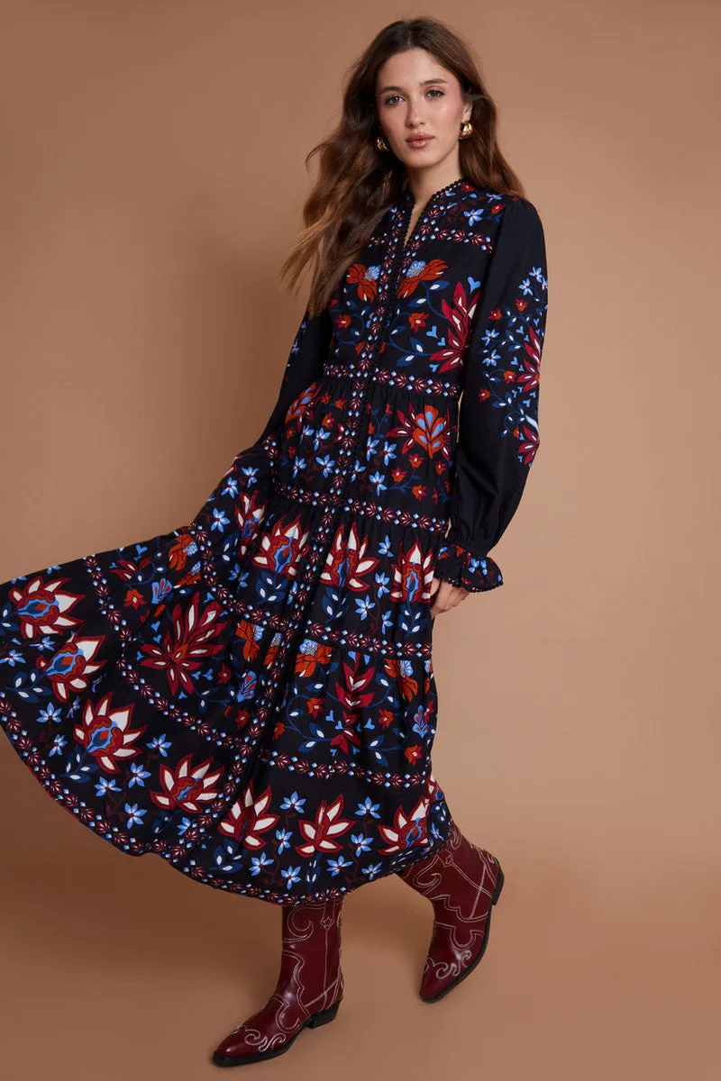 Another Sunday Button Through Lace Trim Tiered Midi Dress Floral