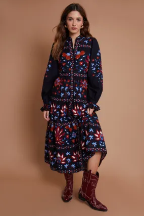 Another Sunday Button Through Lace Trim Tiered Midi Dress Floral
