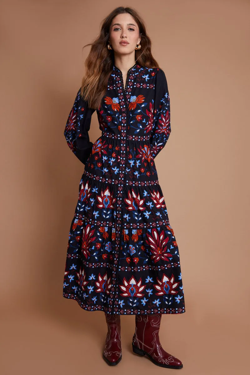 Another Sunday Button Through Lace Trim Tiered Midi Dress Floral
