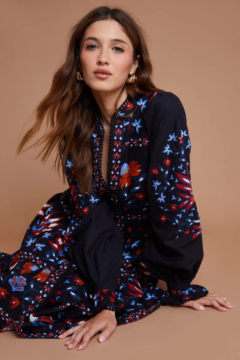 Another Sunday Button Through Lace Trim Tiered Midi Dress Floral
