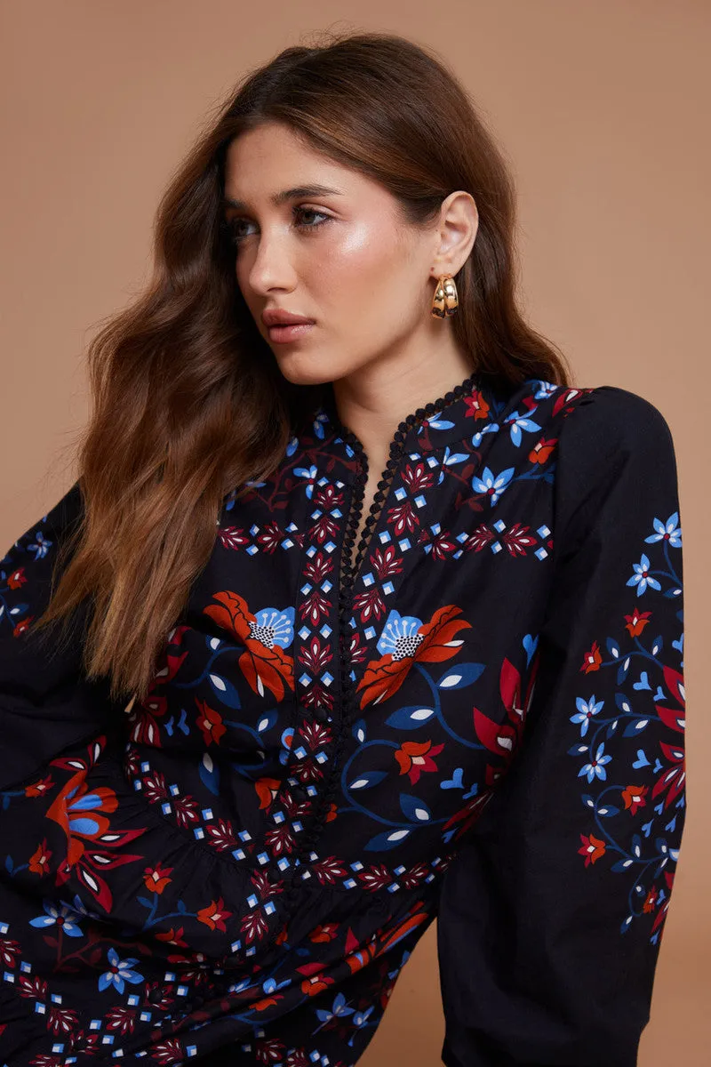 Another Sunday Button Through Lace Trim Tiered Midi Dress Floral
