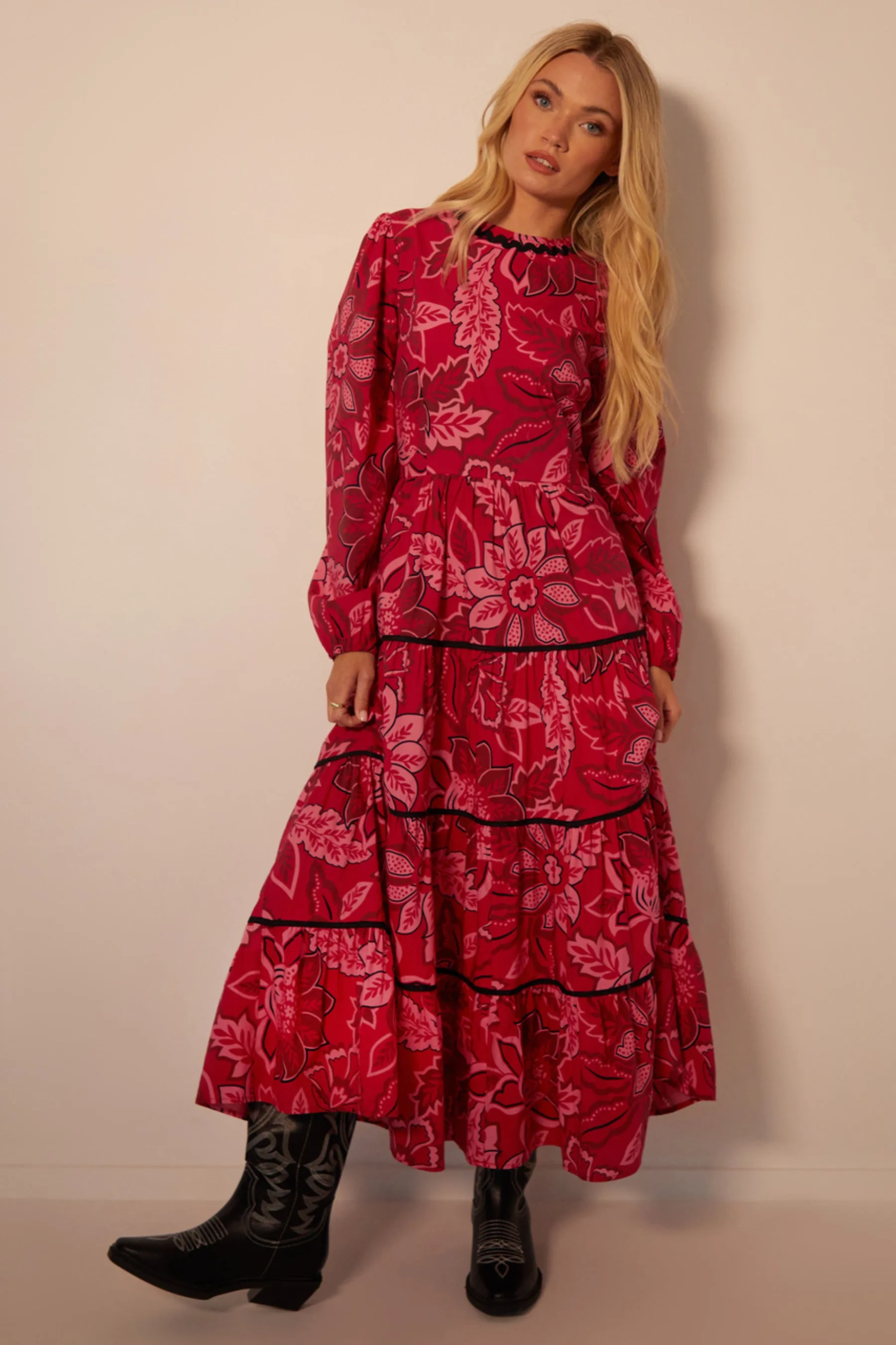 Another Sunday Poplin Puff Sleeve Tiered Midi Floral Print Smock Dress Long Sleeve