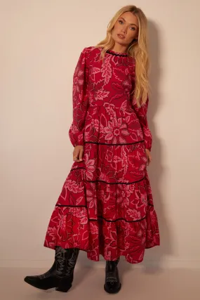 Another Sunday Poplin Puff Sleeve Tiered Midi Floral Print Smock Dress Long Sleeve