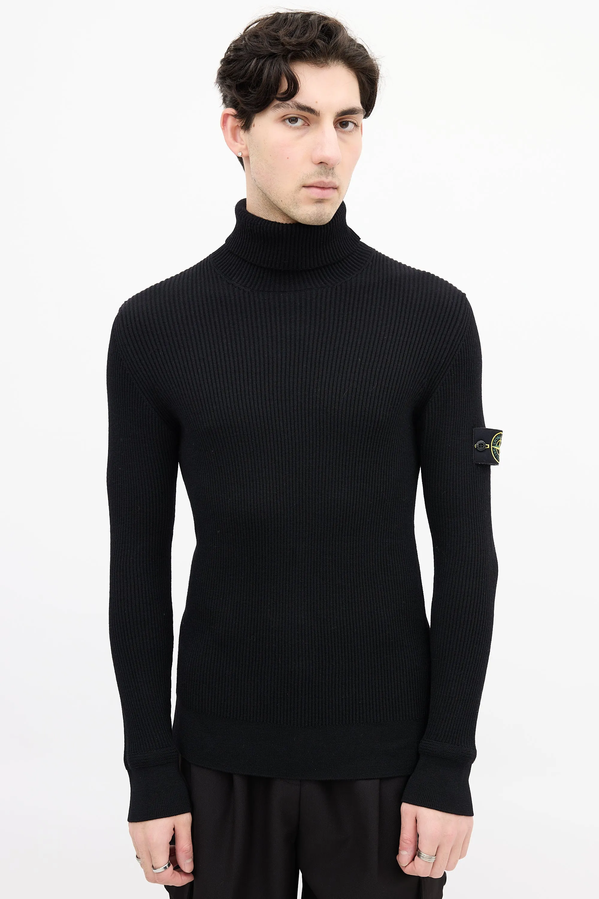 Black Ribbed Knit Patch Turtleneck Top