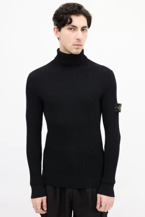 Black Ribbed Knit Patch Turtleneck Top