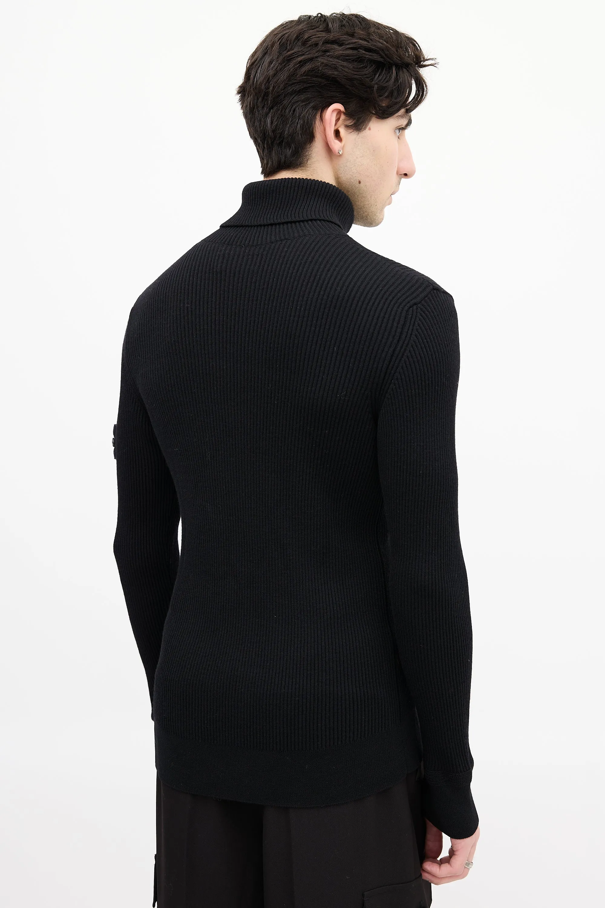 Black Ribbed Knit Patch Turtleneck Top