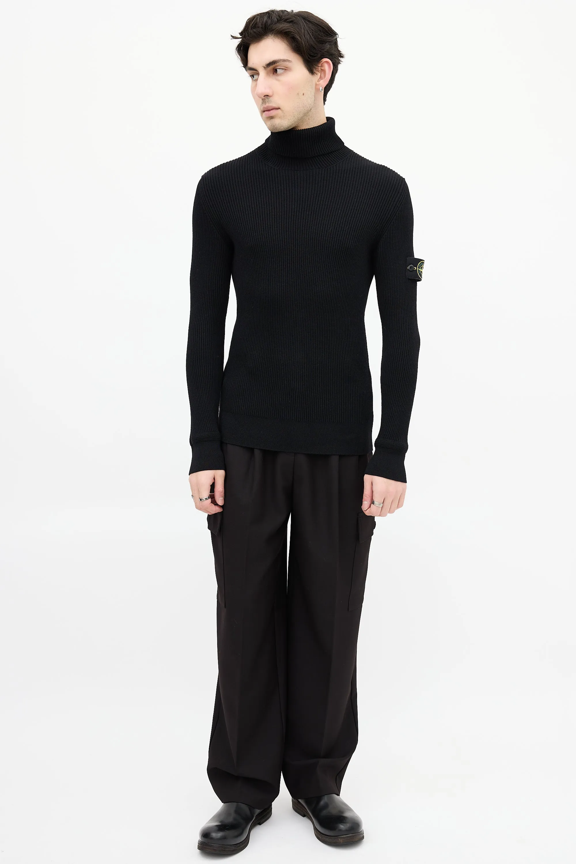 Black Ribbed Knit Patch Turtleneck Top