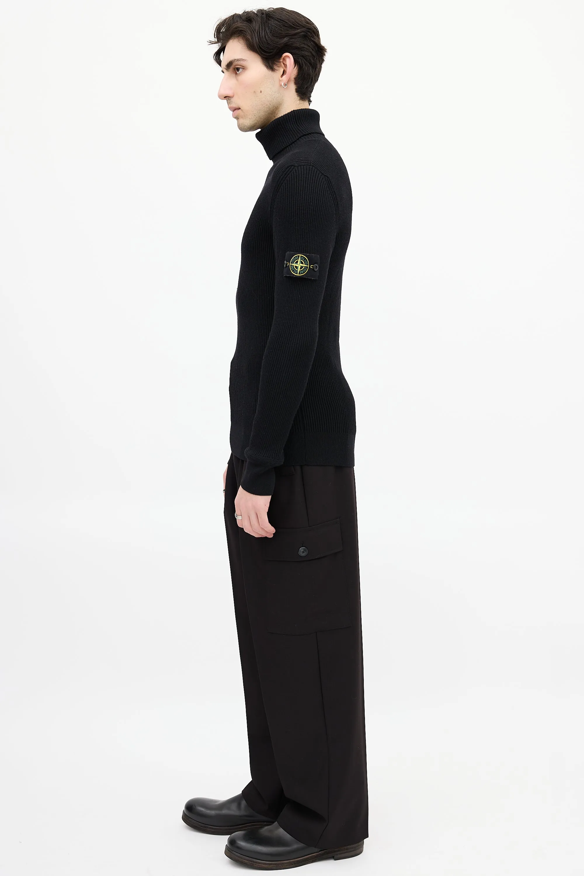 Black Ribbed Knit Patch Turtleneck Top