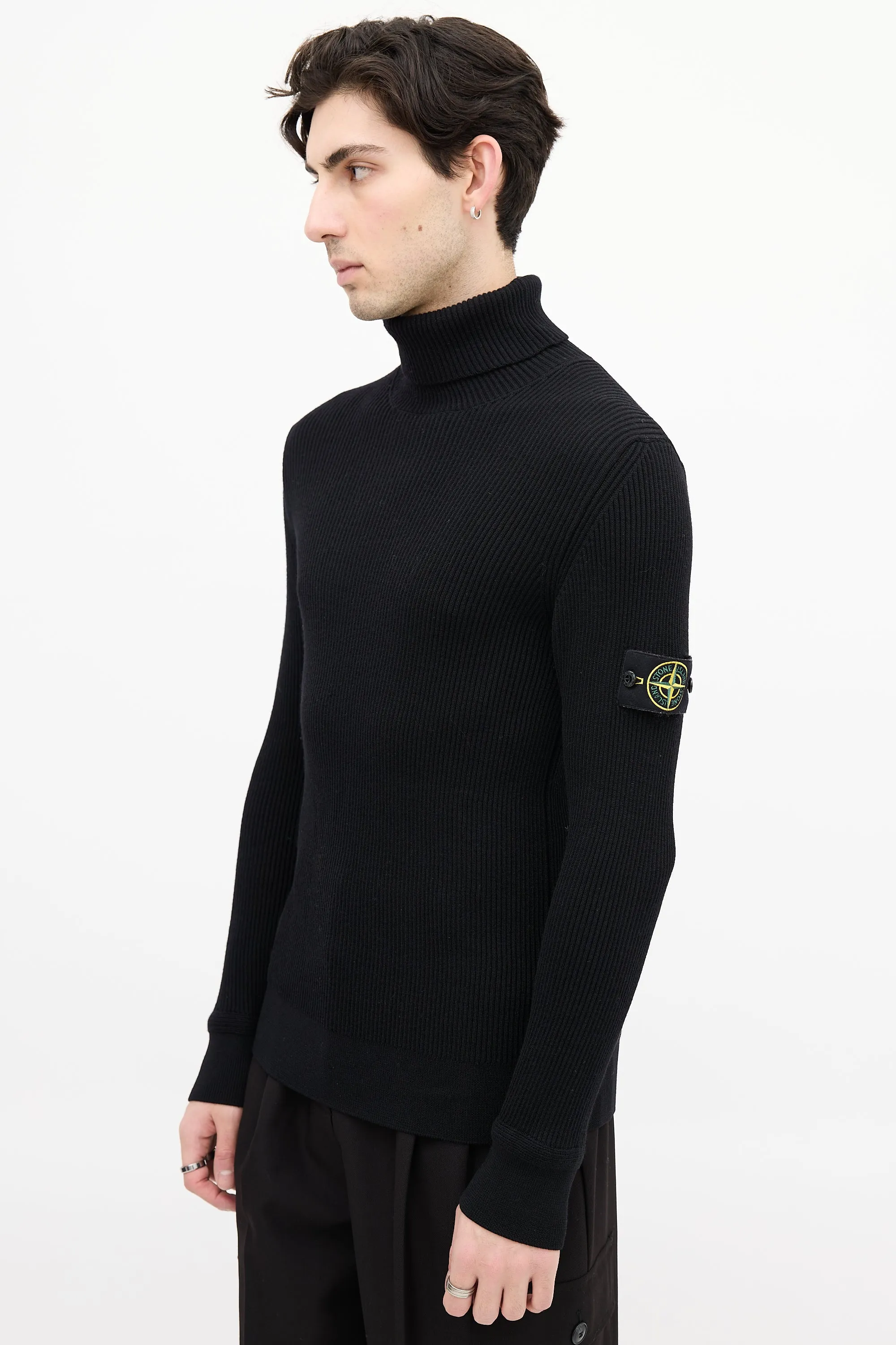 Black Ribbed Knit Patch Turtleneck Top