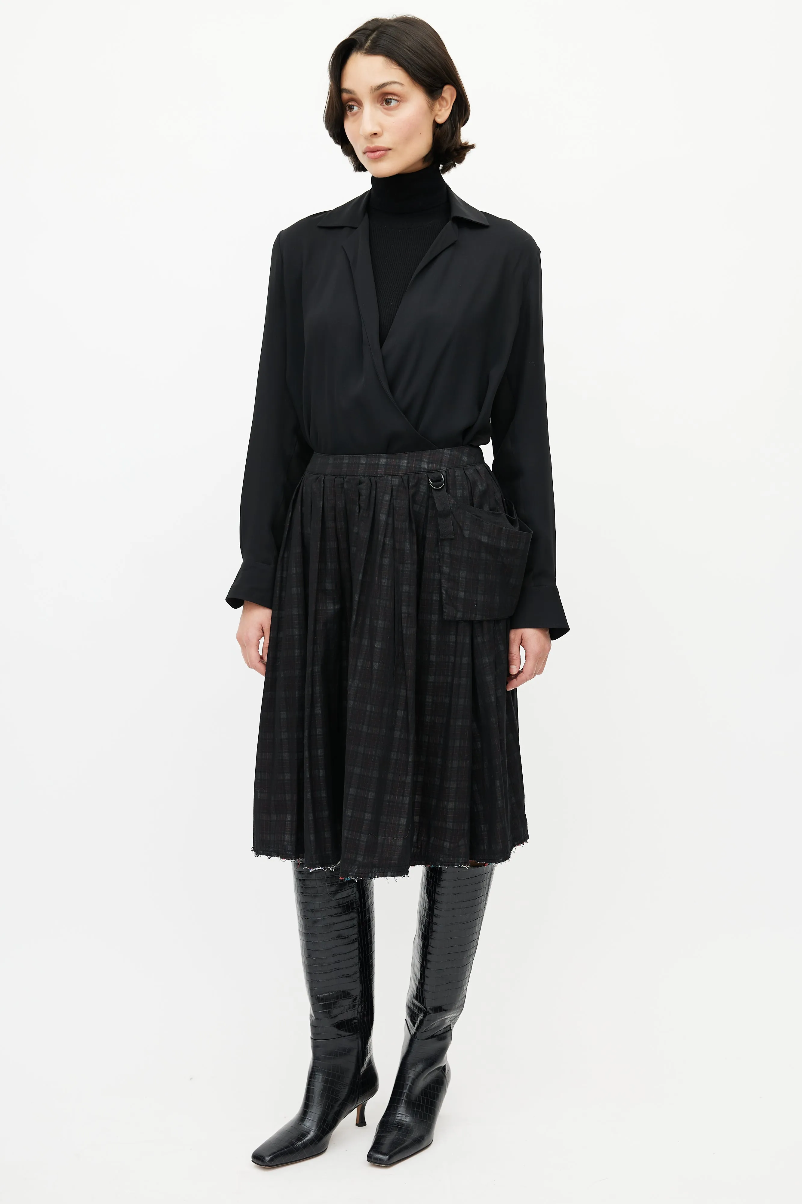 Black Sheer Plaid Pleated Skirt