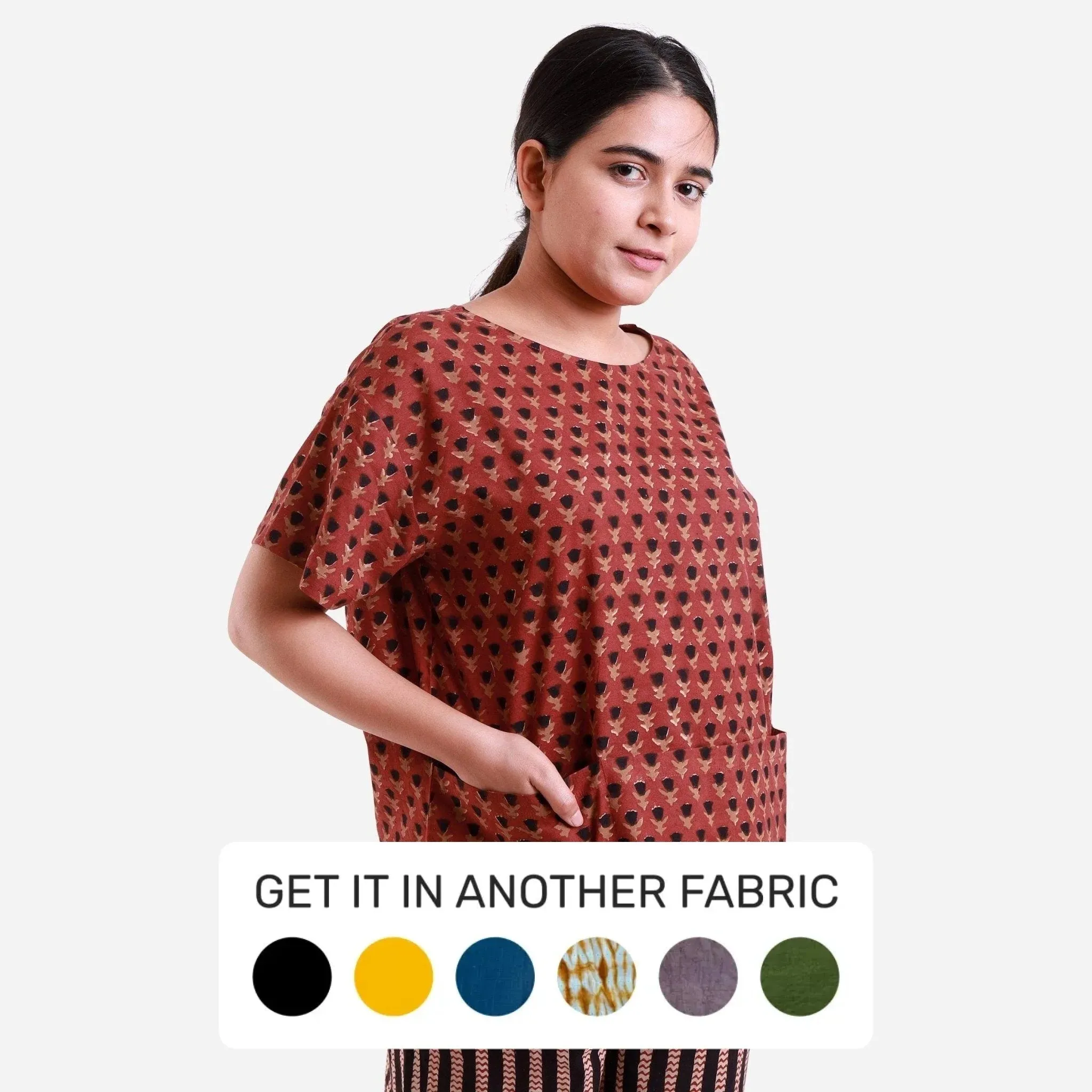 Brick Red Block Printed Loose Fit Cotton Top