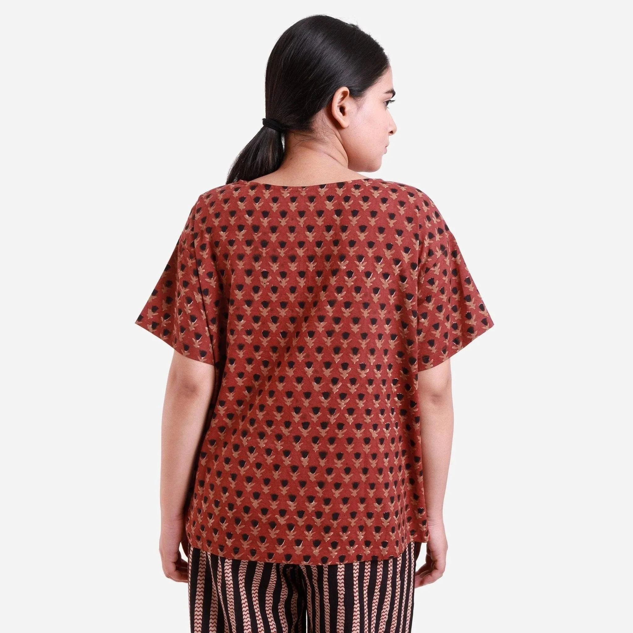 Brick Red Block Printed Loose Fit Cotton Top