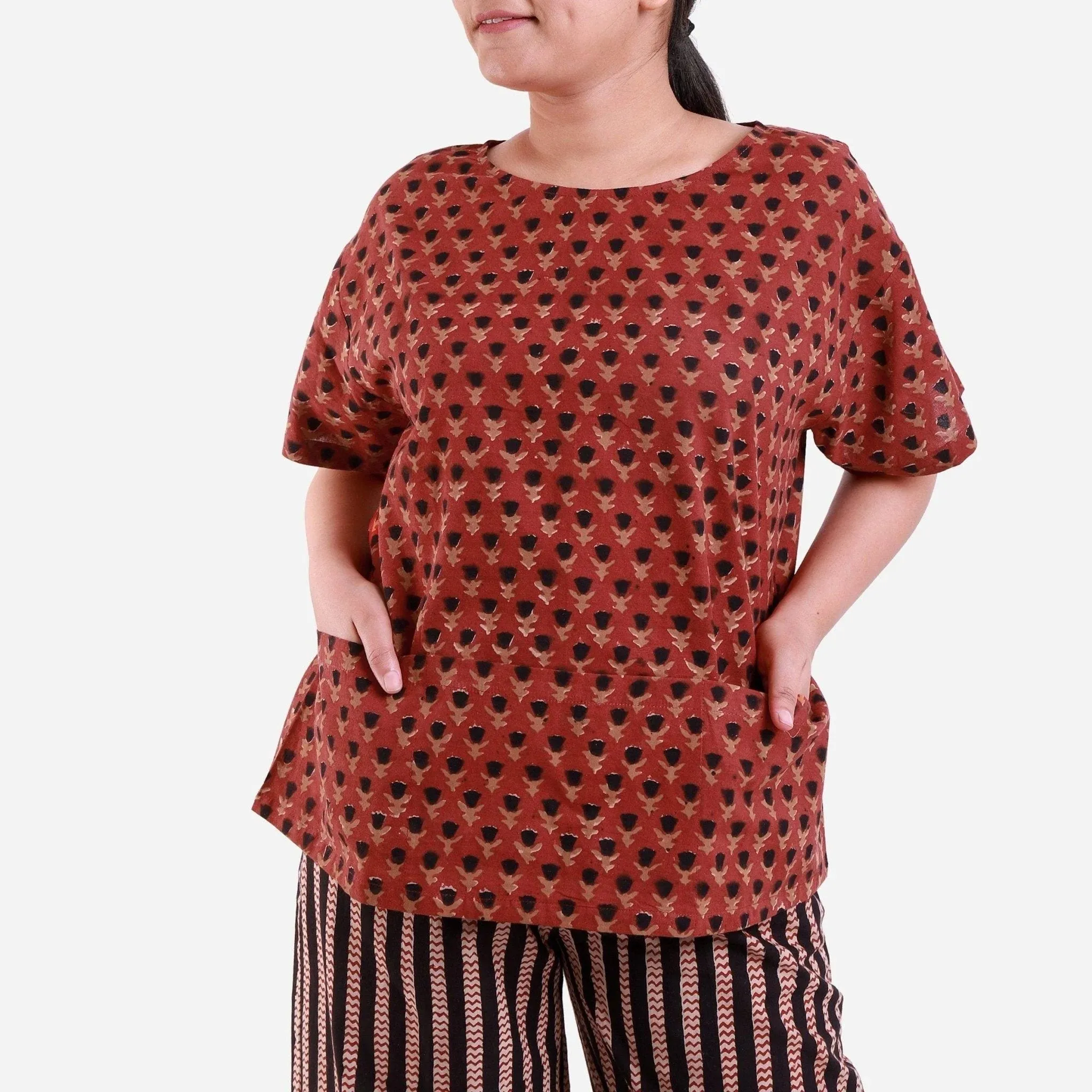 Brick Red Block Printed Loose Fit Cotton Top
