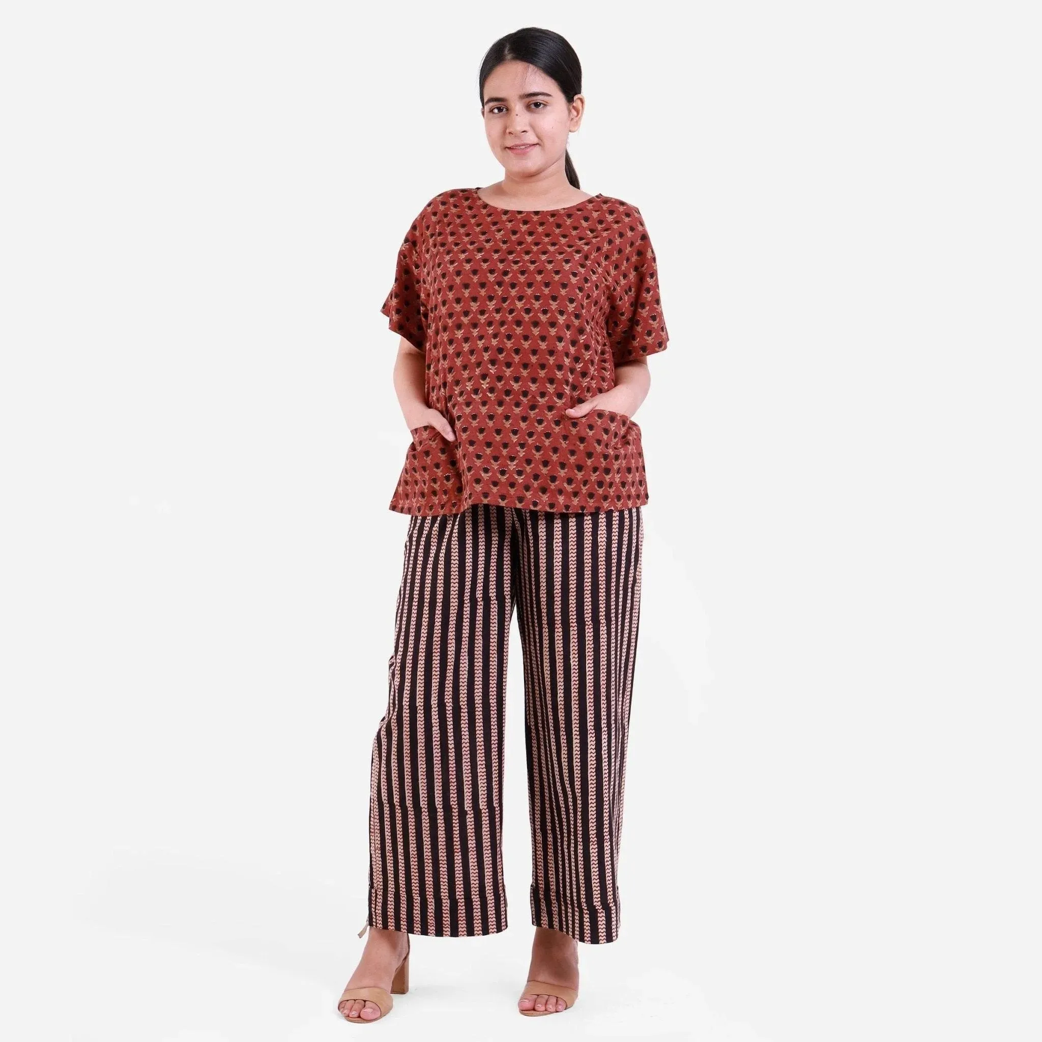 Brick Red Block Printed Loose Fit Cotton Top