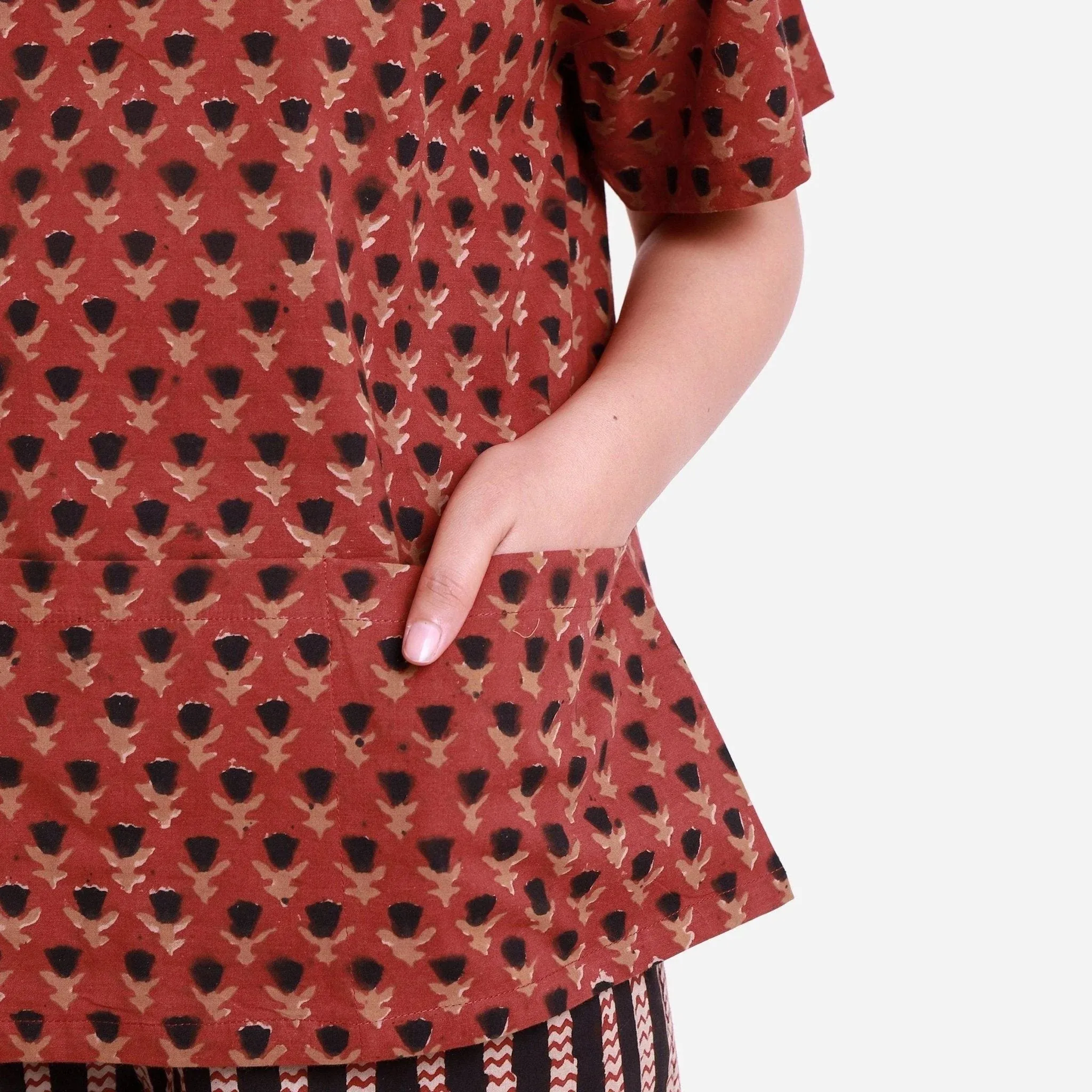 Brick Red Block Printed Loose Fit Cotton Top