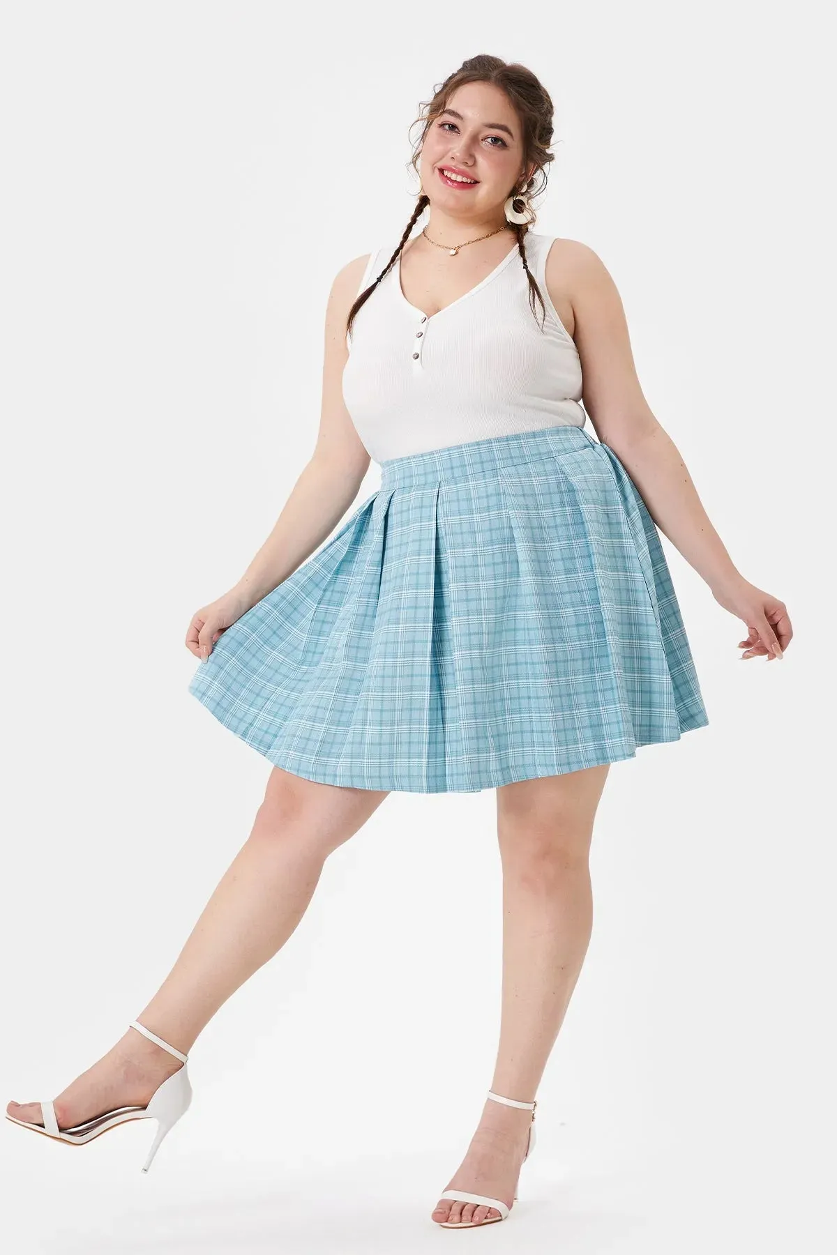 Colorblock Pleated Plaid Side Zipper Elasticated Waist Skirt