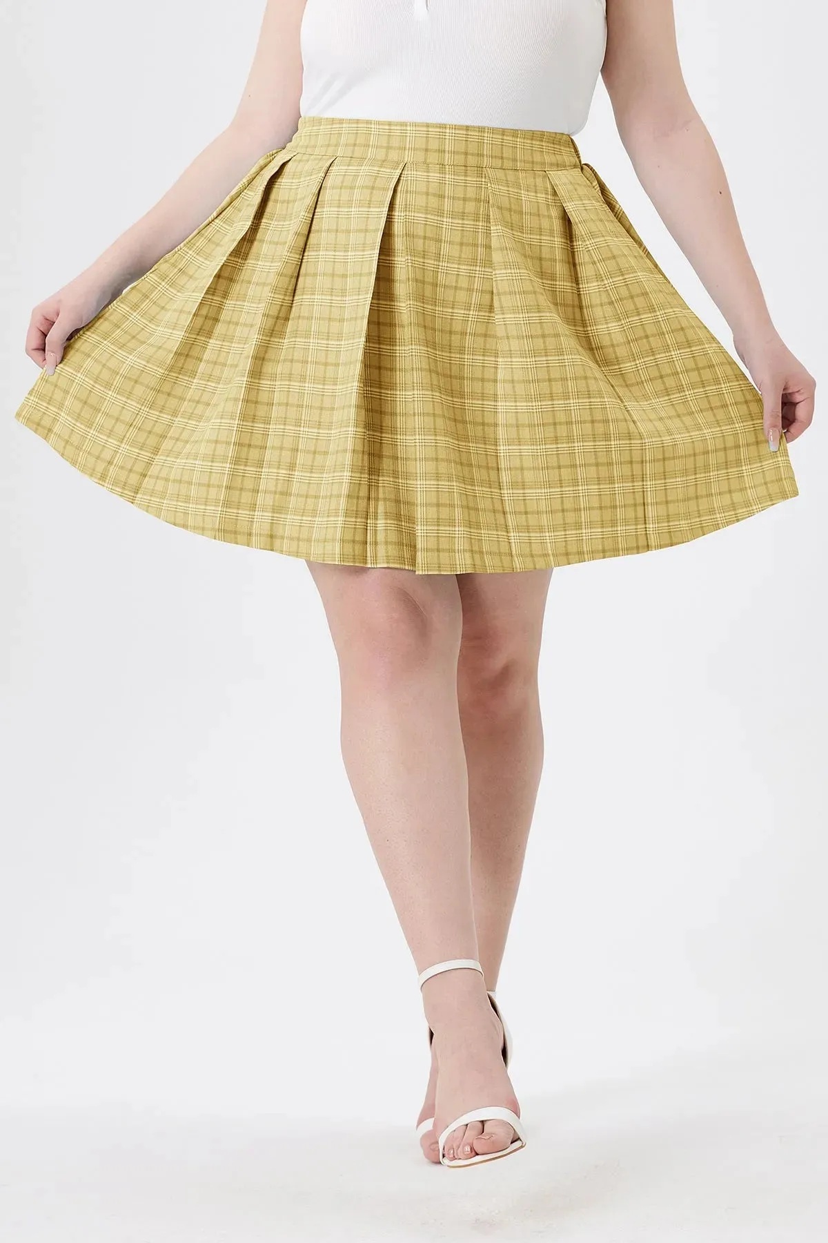 Colorblock Pleated Plaid Side Zipper Elasticated Waist Skirt