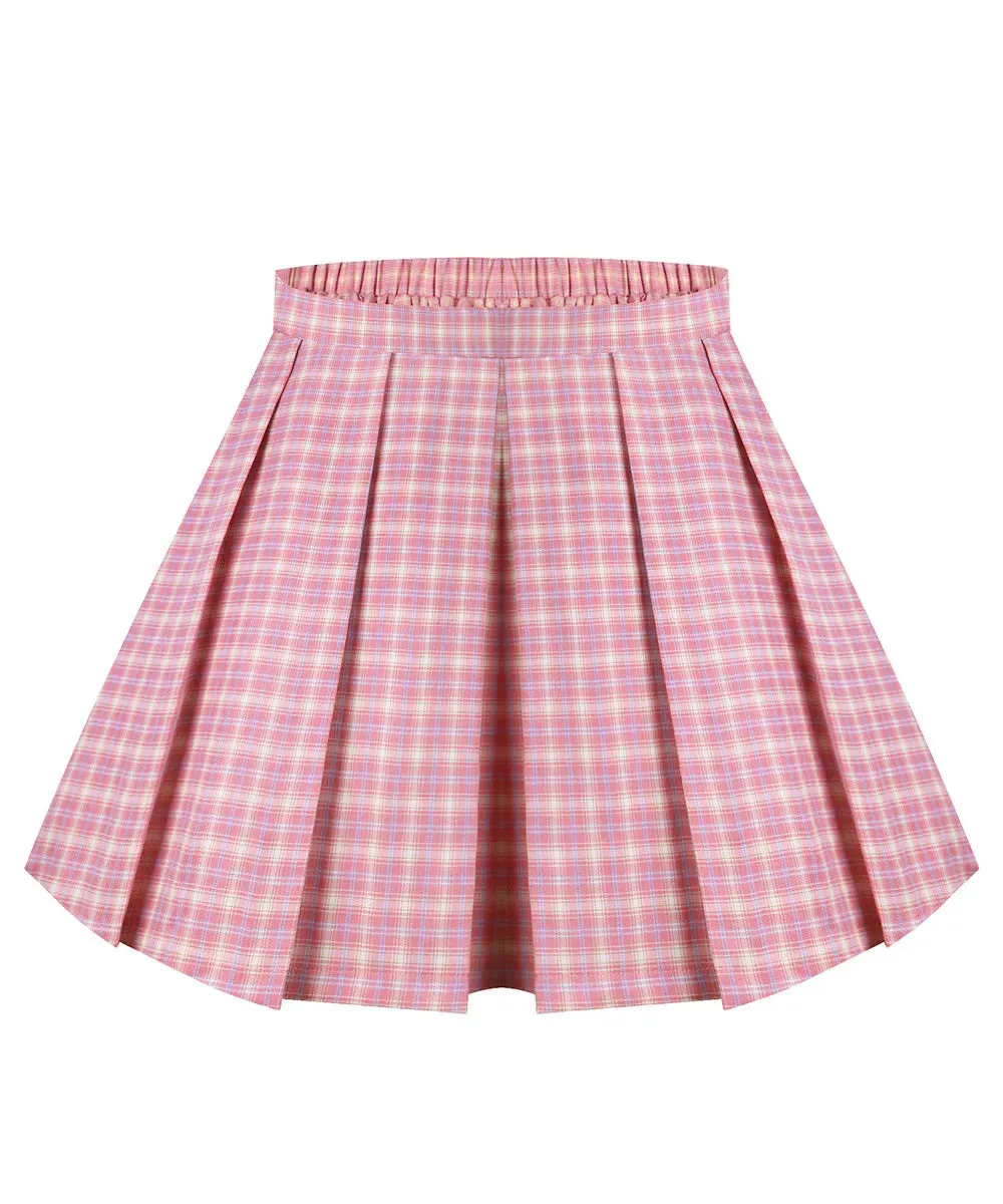 Colorblock Pleated Plaid Side Zipper Elasticated Waist Skirt