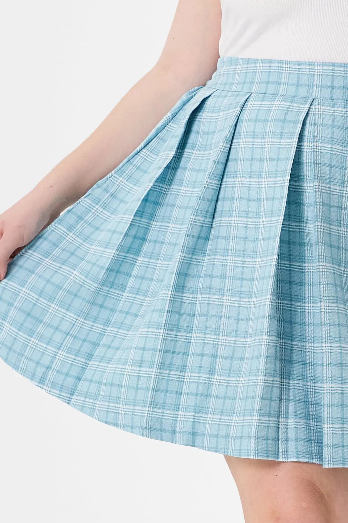 Colorblock Pleated Plaid Side Zipper Elasticated Waist Skirt