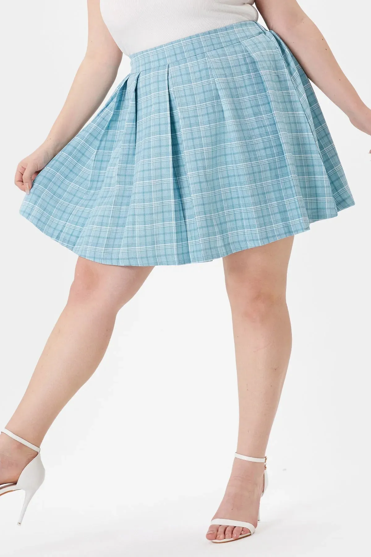 Colorblock Pleated Plaid Side Zipper Elasticated Waist Skirt