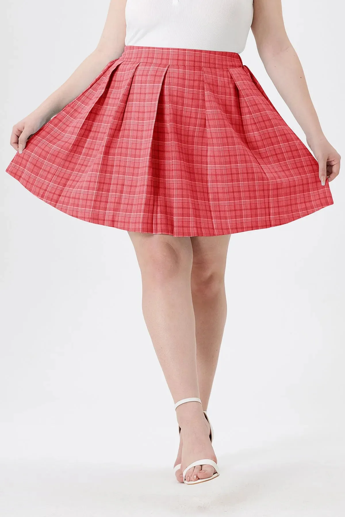Colorblock Pleated Plaid Side Zipper Elasticated Waist Skirt