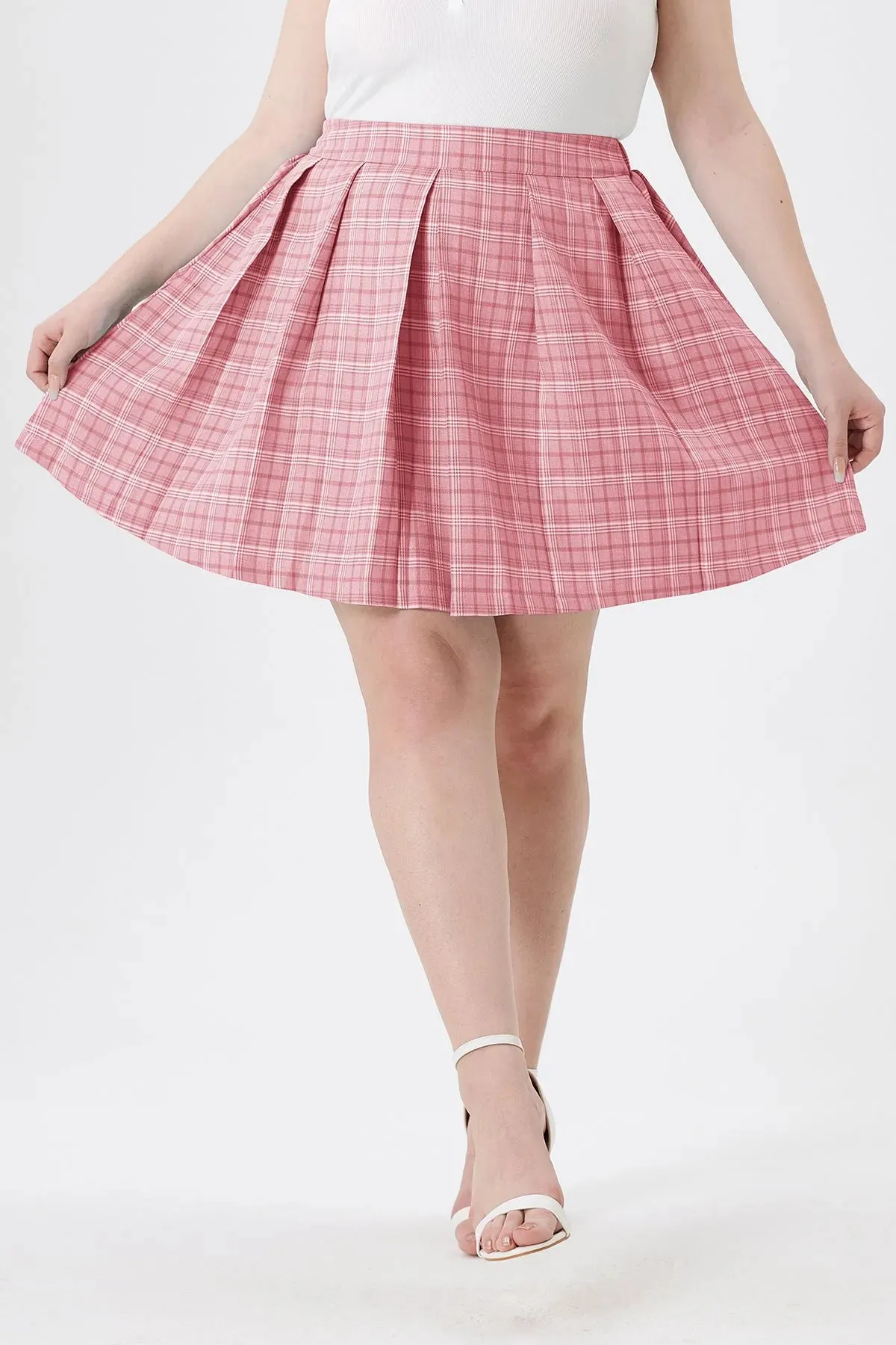Colorblock Pleated Plaid Side Zipper Elasticated Waist Skirt
