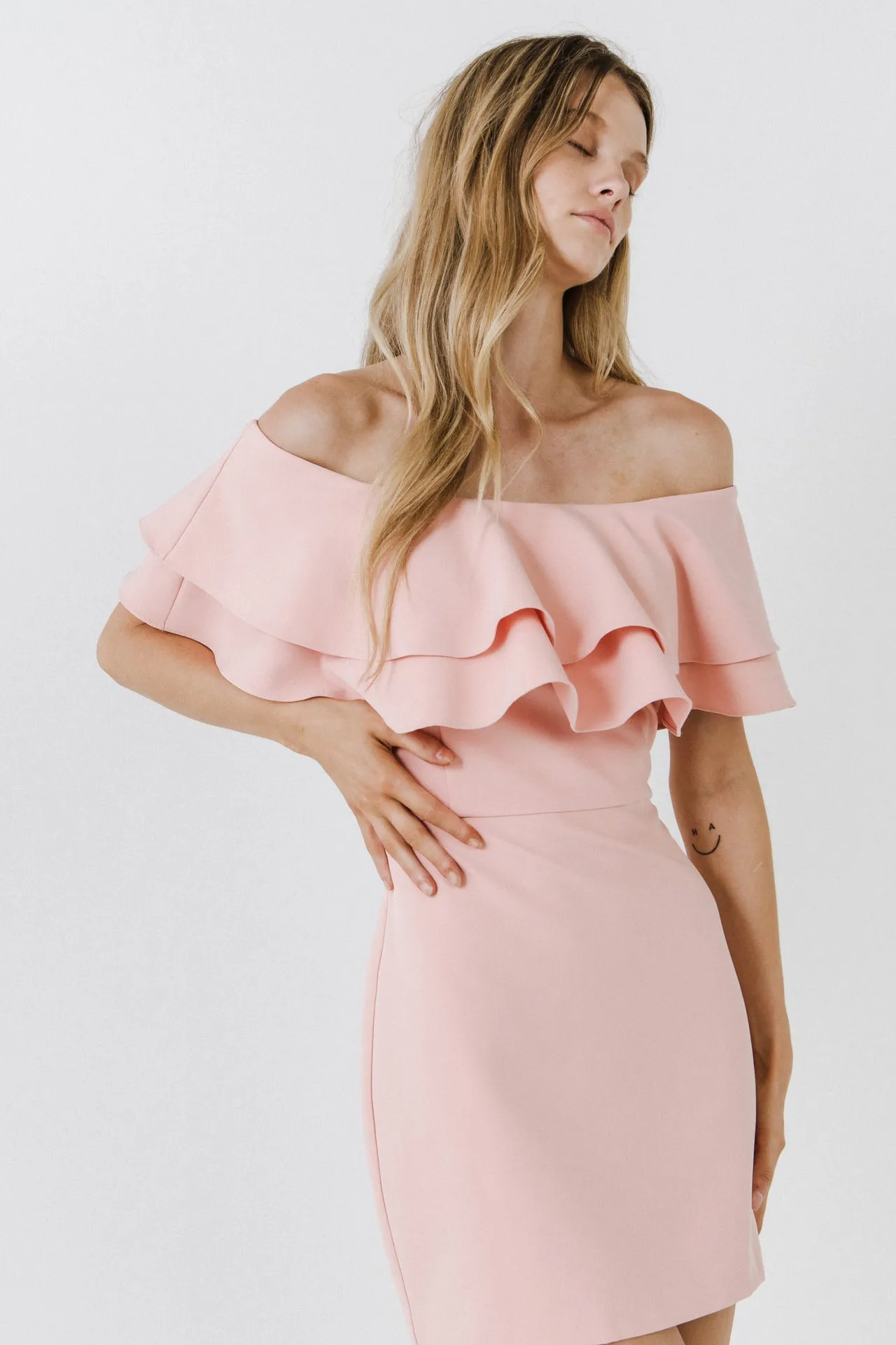Endless Rose - Ruffled Off Shoulder Mini Dress