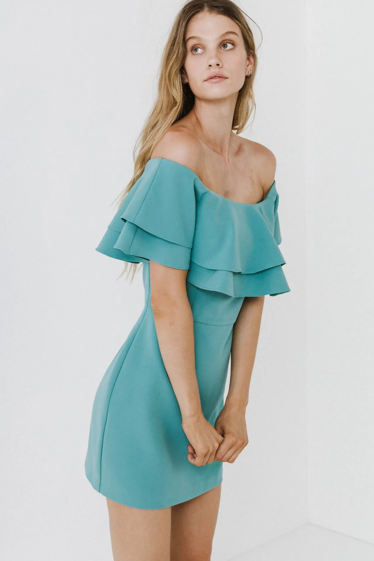 Endless Rose - Ruffled Off Shoulder Mini Dress