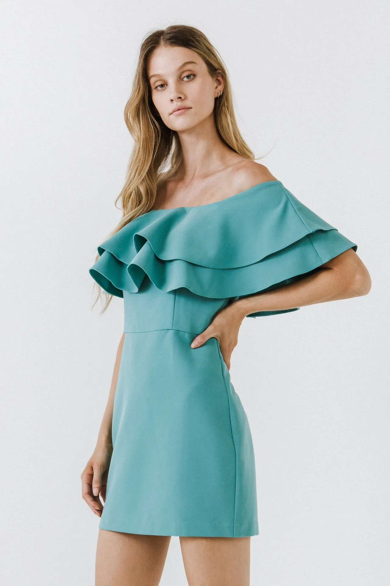 Endless Rose - Ruffled Off Shoulder Mini Dress