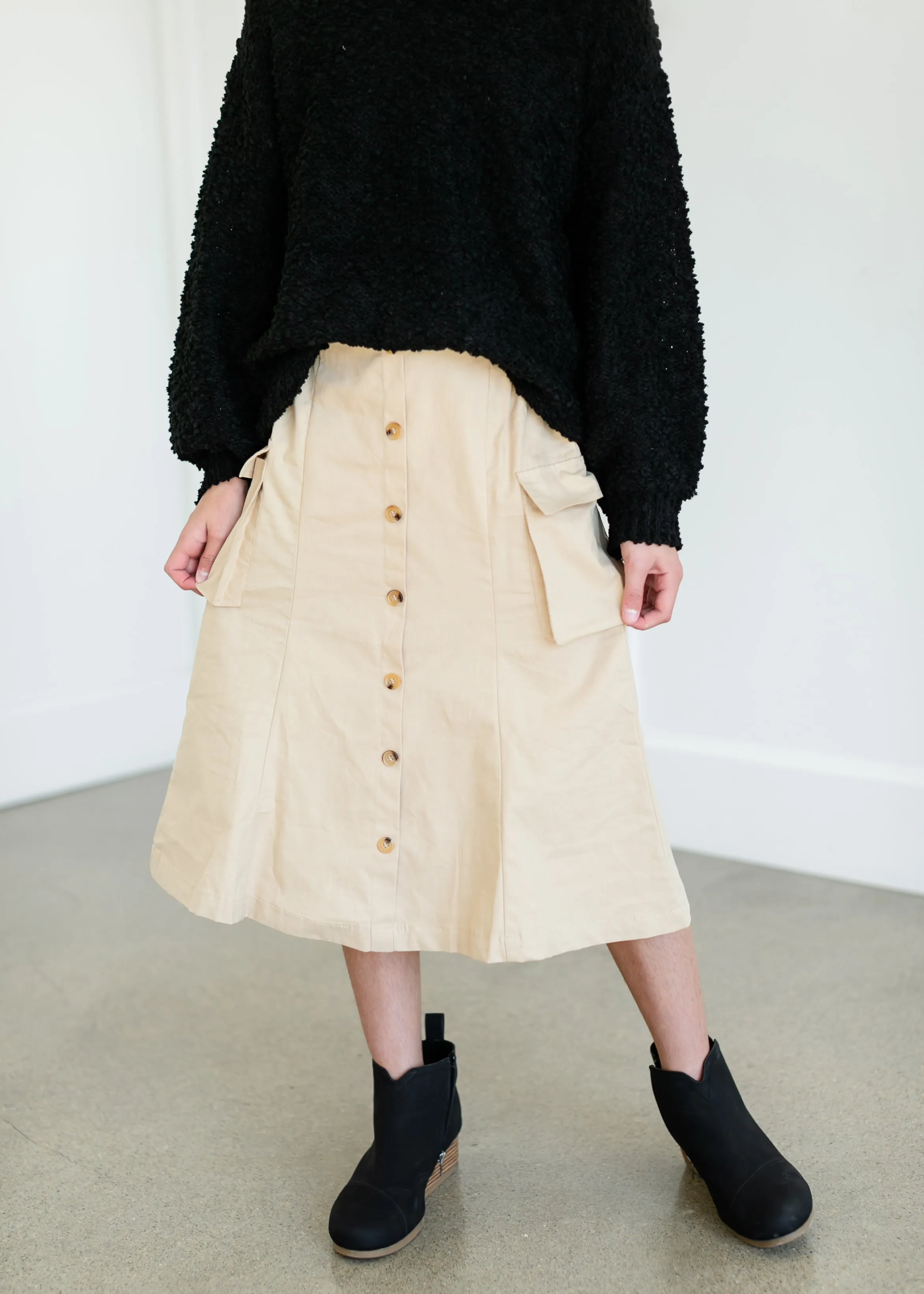 Girls Button Down Cargo Pocket Midi Skirt - FINAL SALE