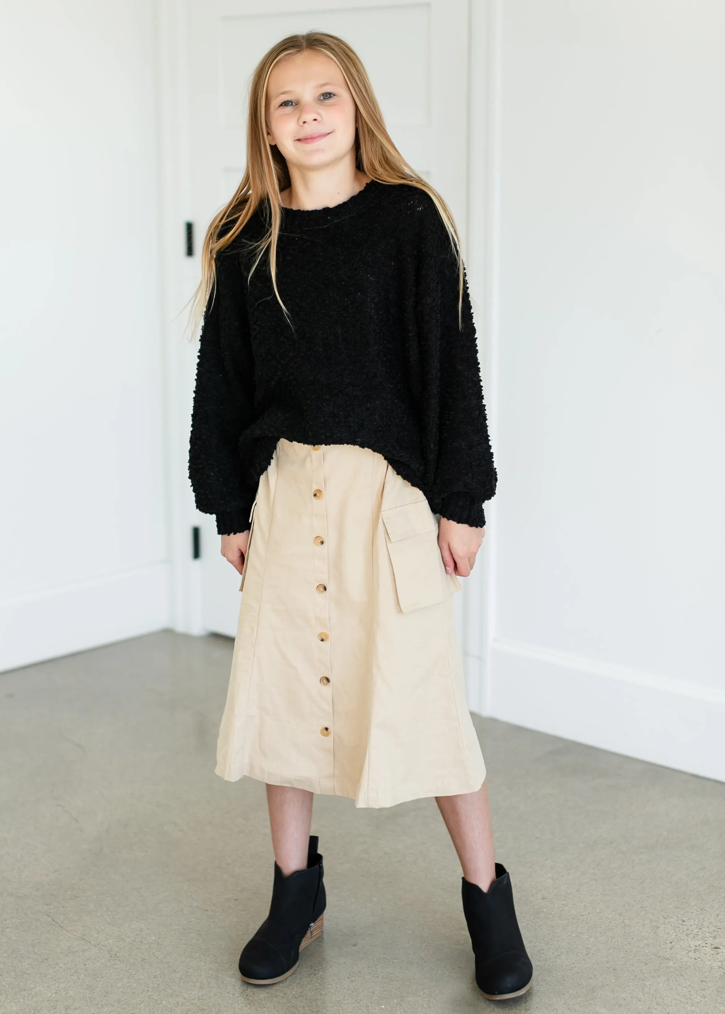 Girls Button Down Cargo Pocket Midi Skirt - FINAL SALE