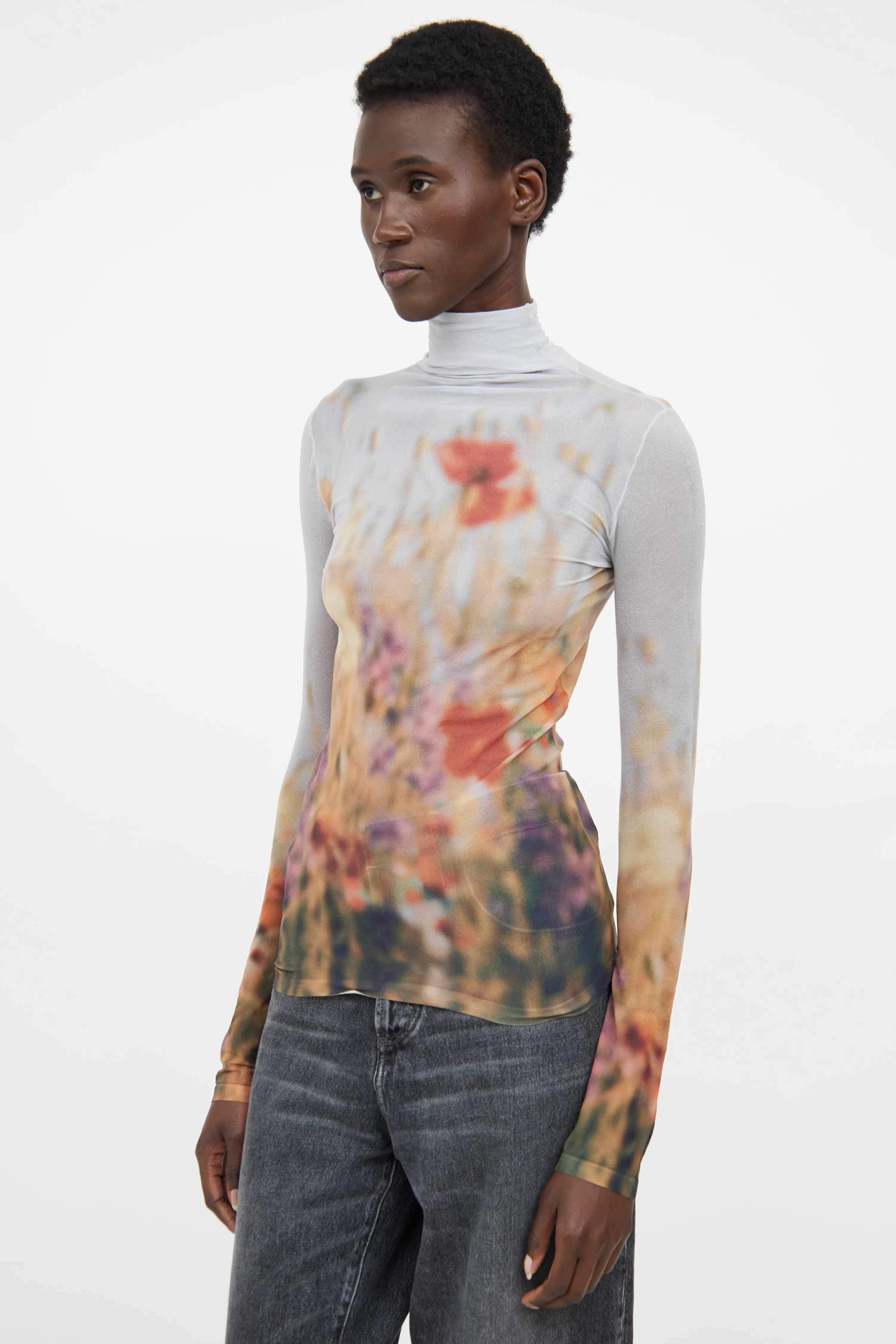 Grey & Multicolour Sheer Turtleneck Top