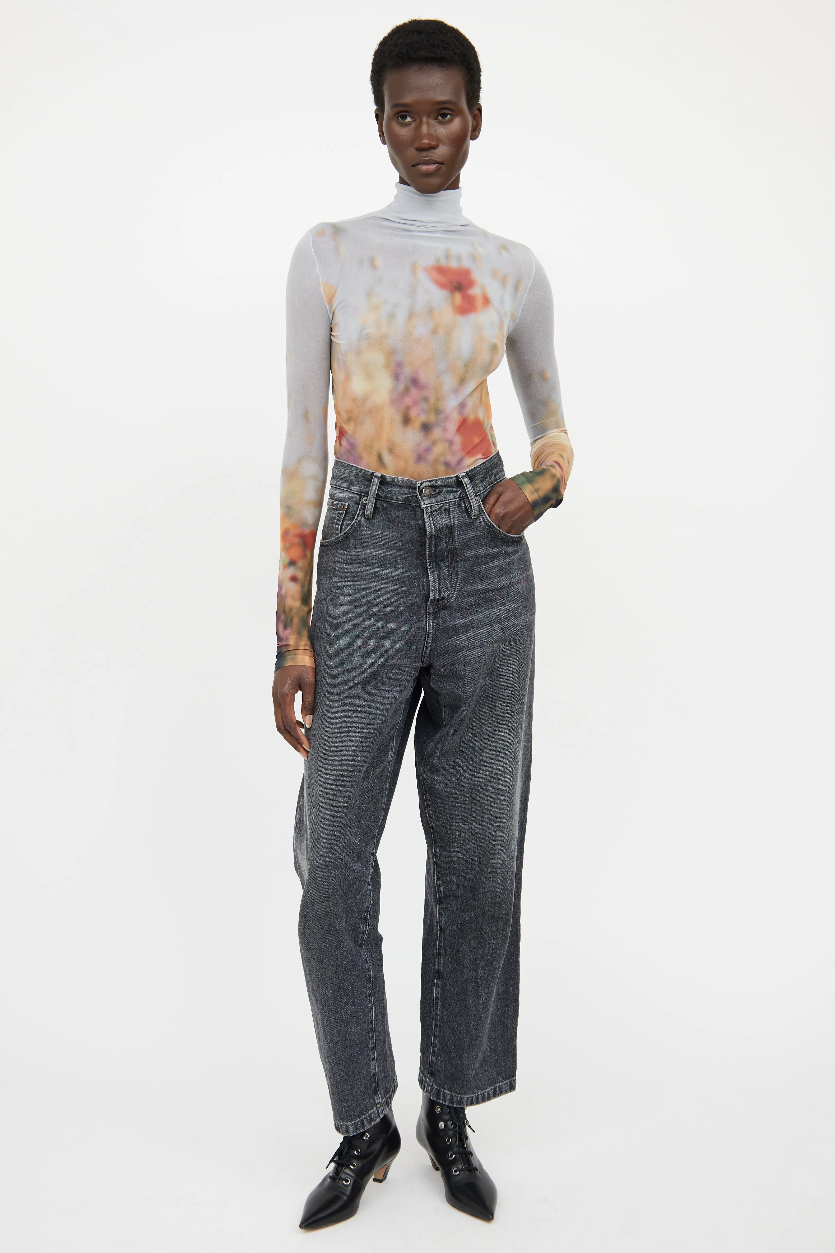 Grey & Multicolour Sheer Turtleneck Top