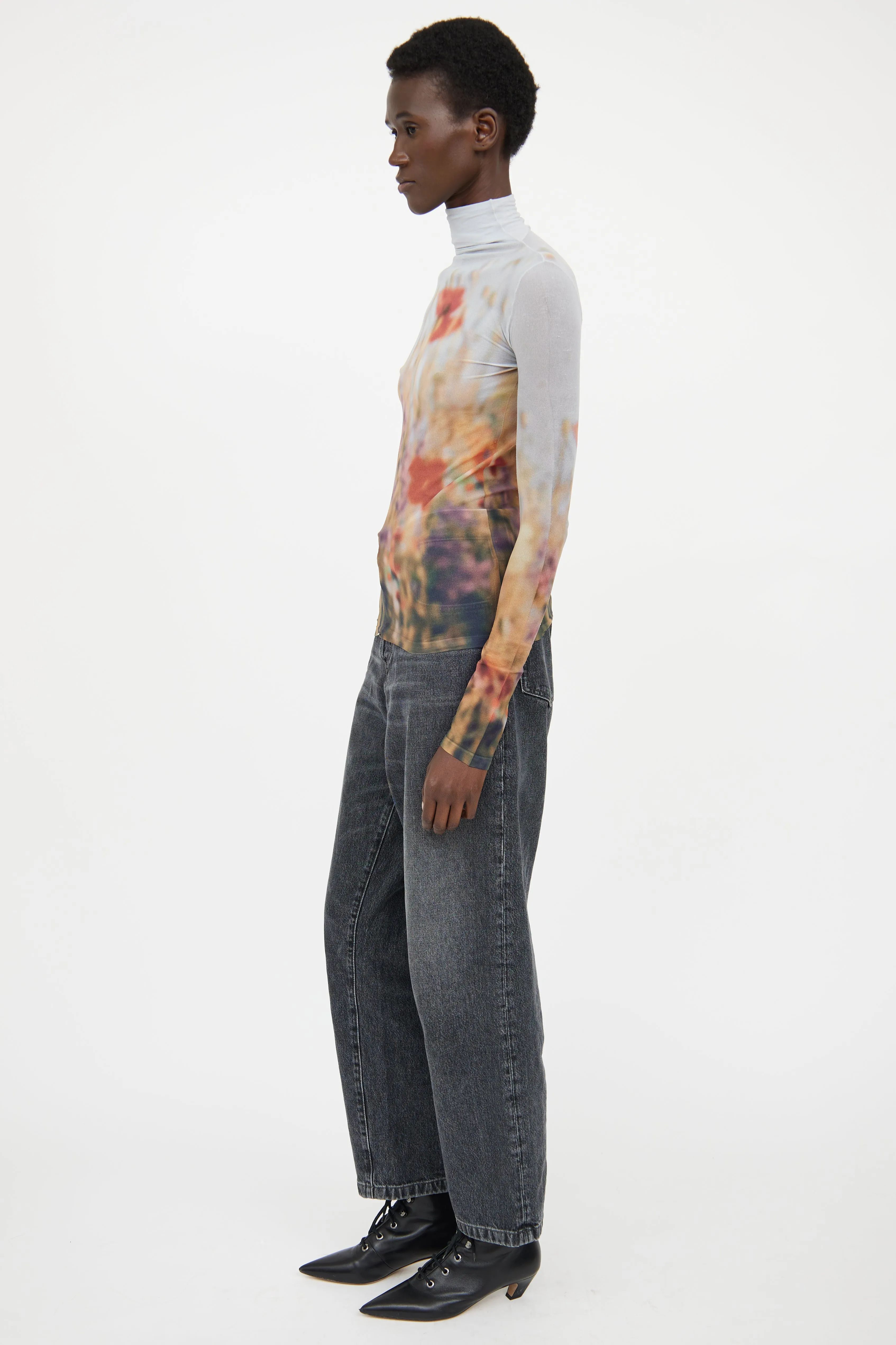 Grey & Multicolour Sheer Turtleneck Top