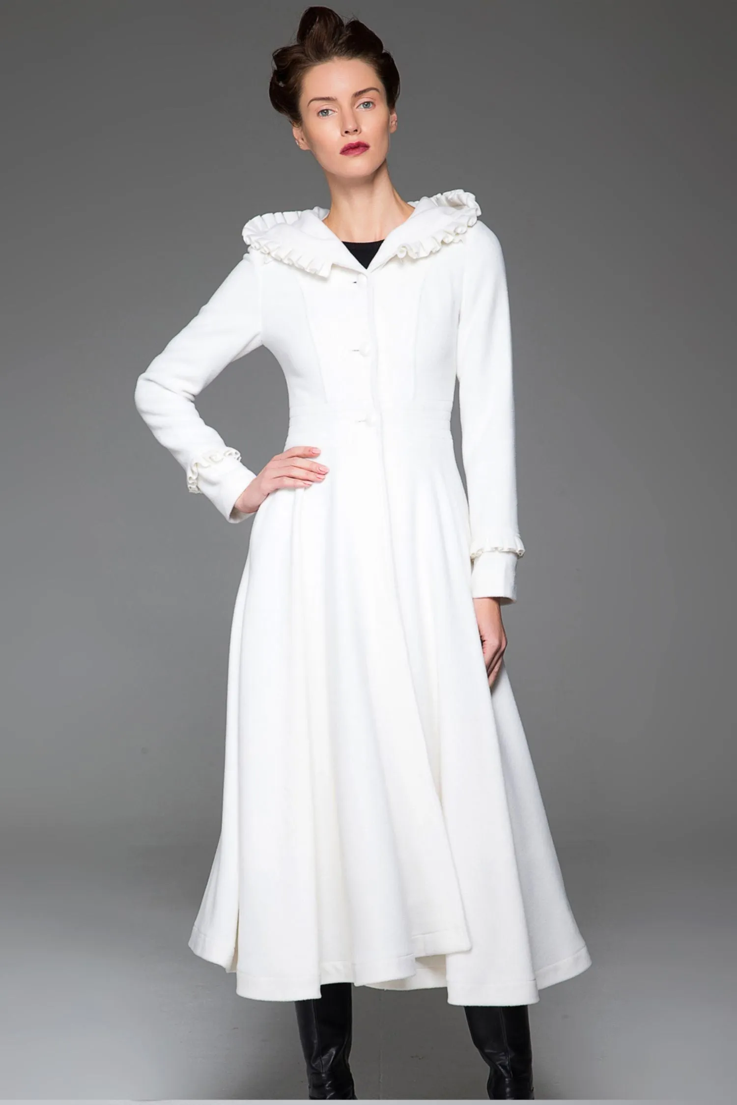 Handmade White swing fit and flare wool coat  1412#