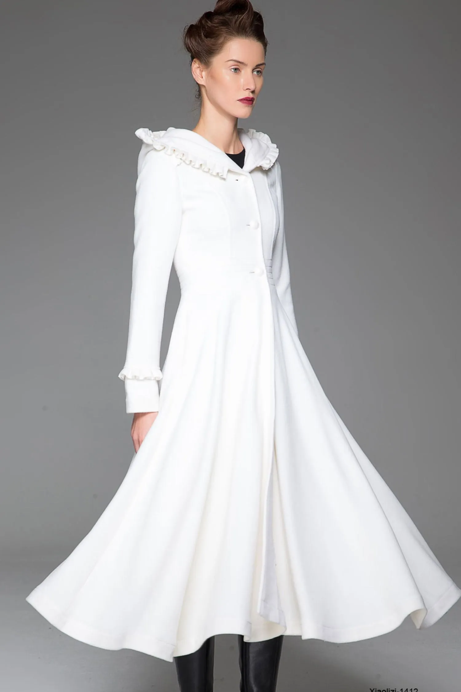 Handmade White swing fit and flare wool coat  1412#