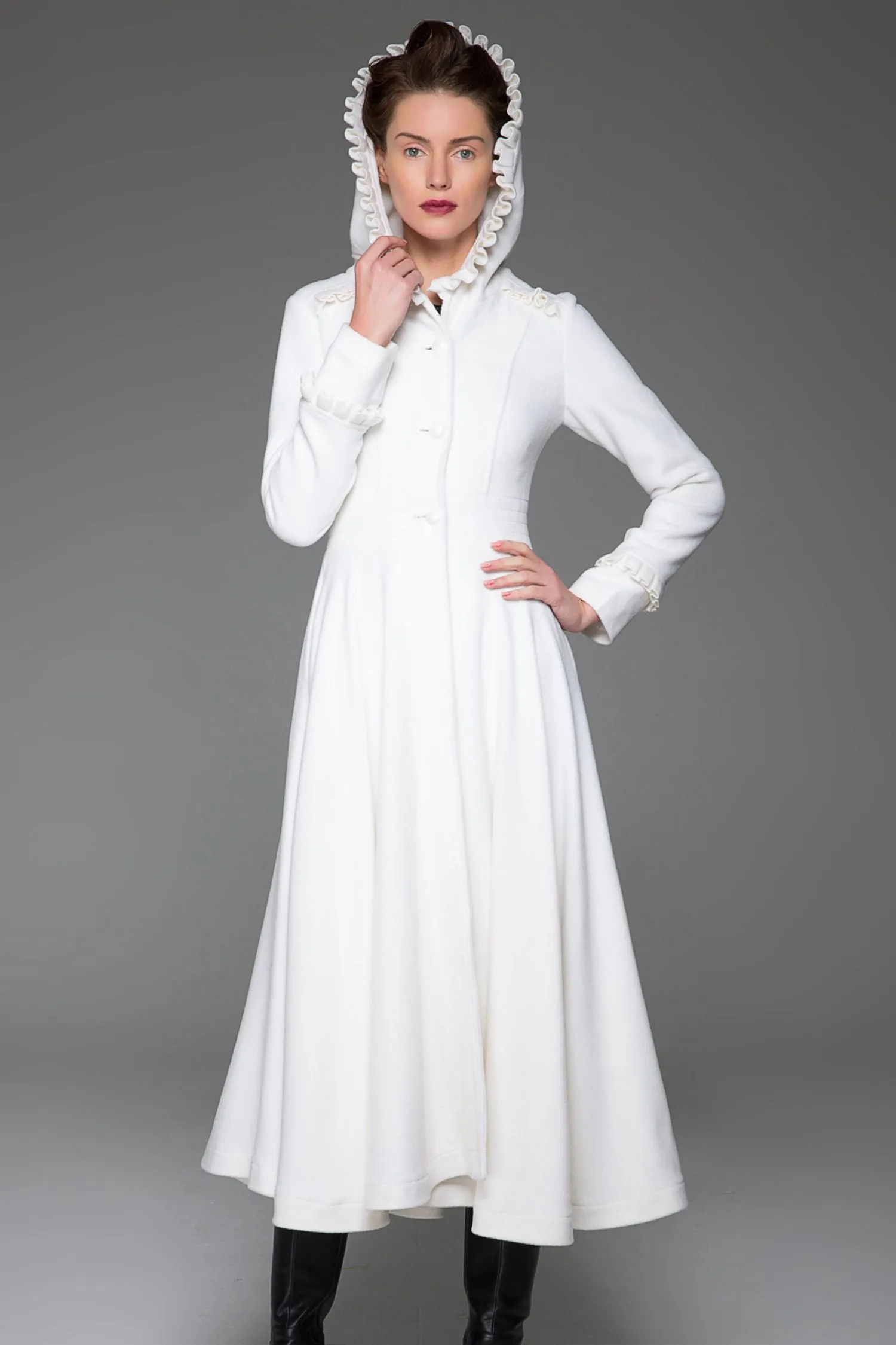 Handmade White swing fit and flare wool coat  1412#