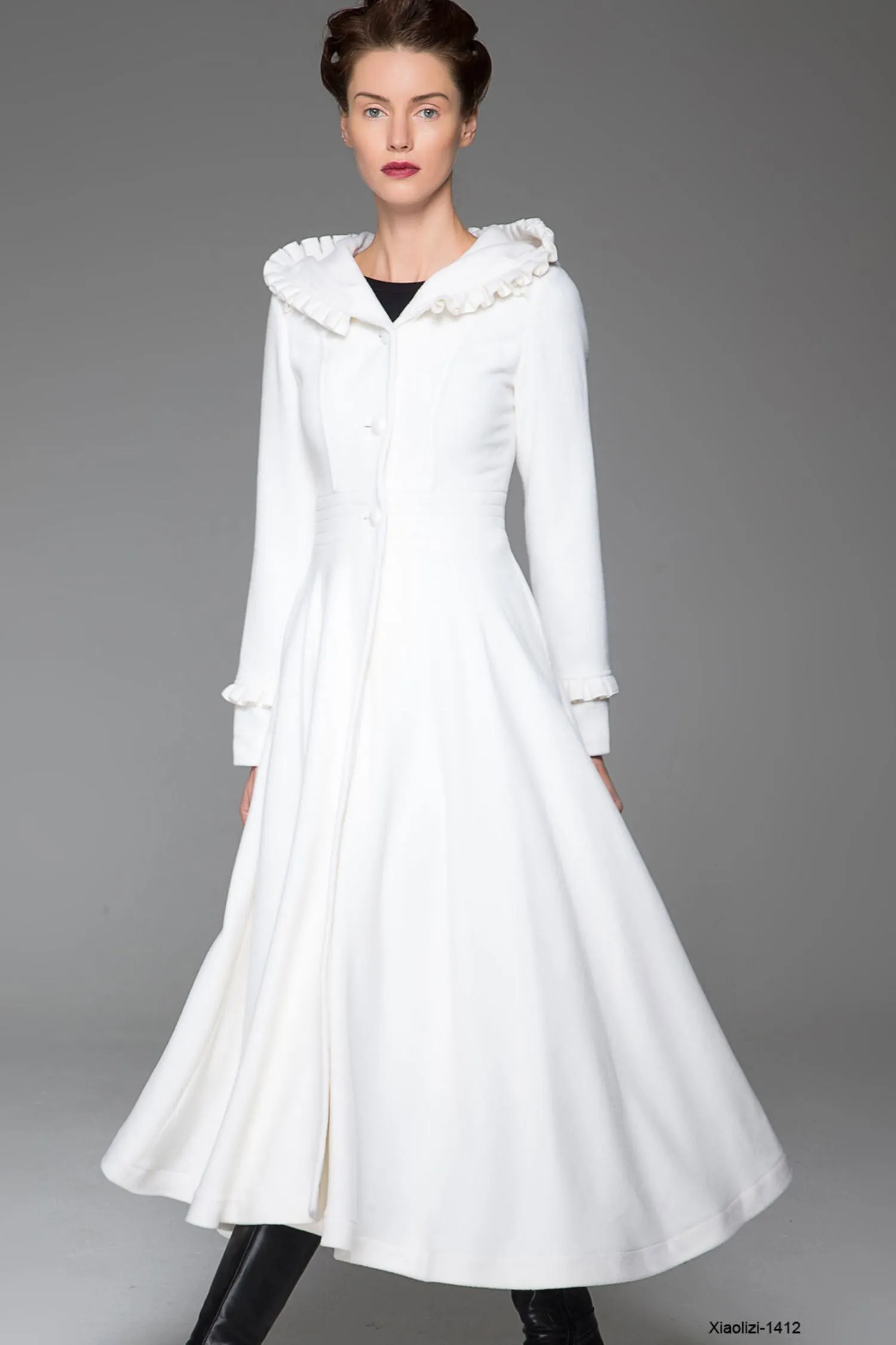 Handmade White swing fit and flare wool coat  1412#